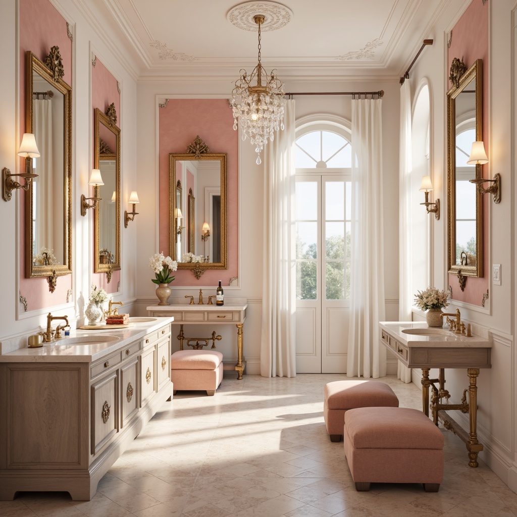 Prompt: Soft powder room ambiance, calming atmosphere, gentle color transitions, creamy whites, pale pinks, blush tones, mauve undertones, soft peach hues, warm beige shades, subtle gold accents, delicate crystal chandeliers, ornate mirrors, luxurious marble countertops, velvet upholstered furniture, tufted ottomans, natural stone flooring, ambient softbox lighting, 1/1 composition, intimate close-ups, realistic textures, subtle depth of field.