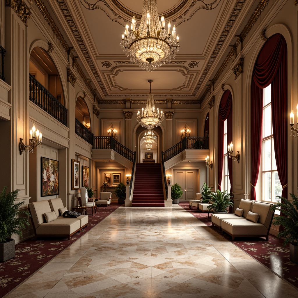 Prompt: Marble floors, ornate moldings, gilded details, crystal chandeliers, velvet drapes, intricately carved wooden panels, polished bronze hardware, high ceilings, grand staircases, sweeping archways, soft warm lighting, subtle shadows, 1/1 composition, realistic textures, ambient occlusion, luxurious atmosphere, elegant furnishings, tufted upholstery, ornamental patterns, classic color palette.