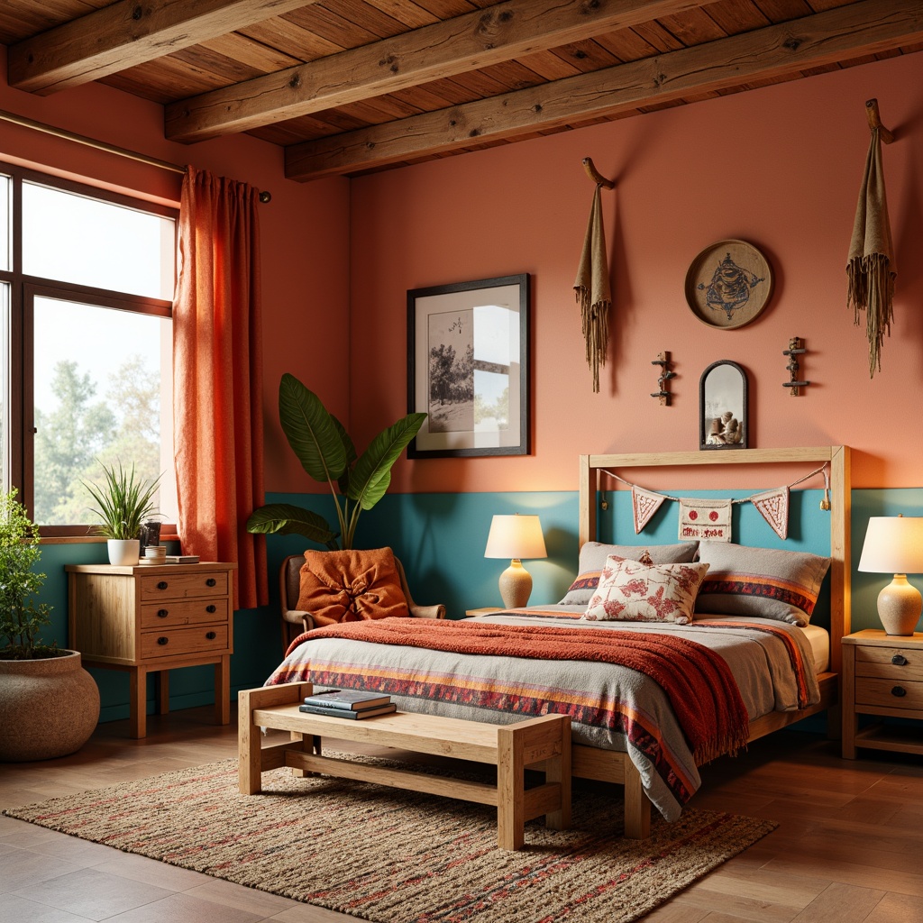 Prompt: Vibrant kids' bedroom, southwestern theme, warm terracotta walls, turquoise accents, sandy beige flooring, woven Native American-inspired rug, colorful Navajo-patterned bedding, rustic wooden furniture, distressed finishes, vintage tribal decorative objects, natural light pouring through large windows, soft warm glow of table lamps, 1/1 composition, shallow depth of field, realistic textures, ambient occlusion.