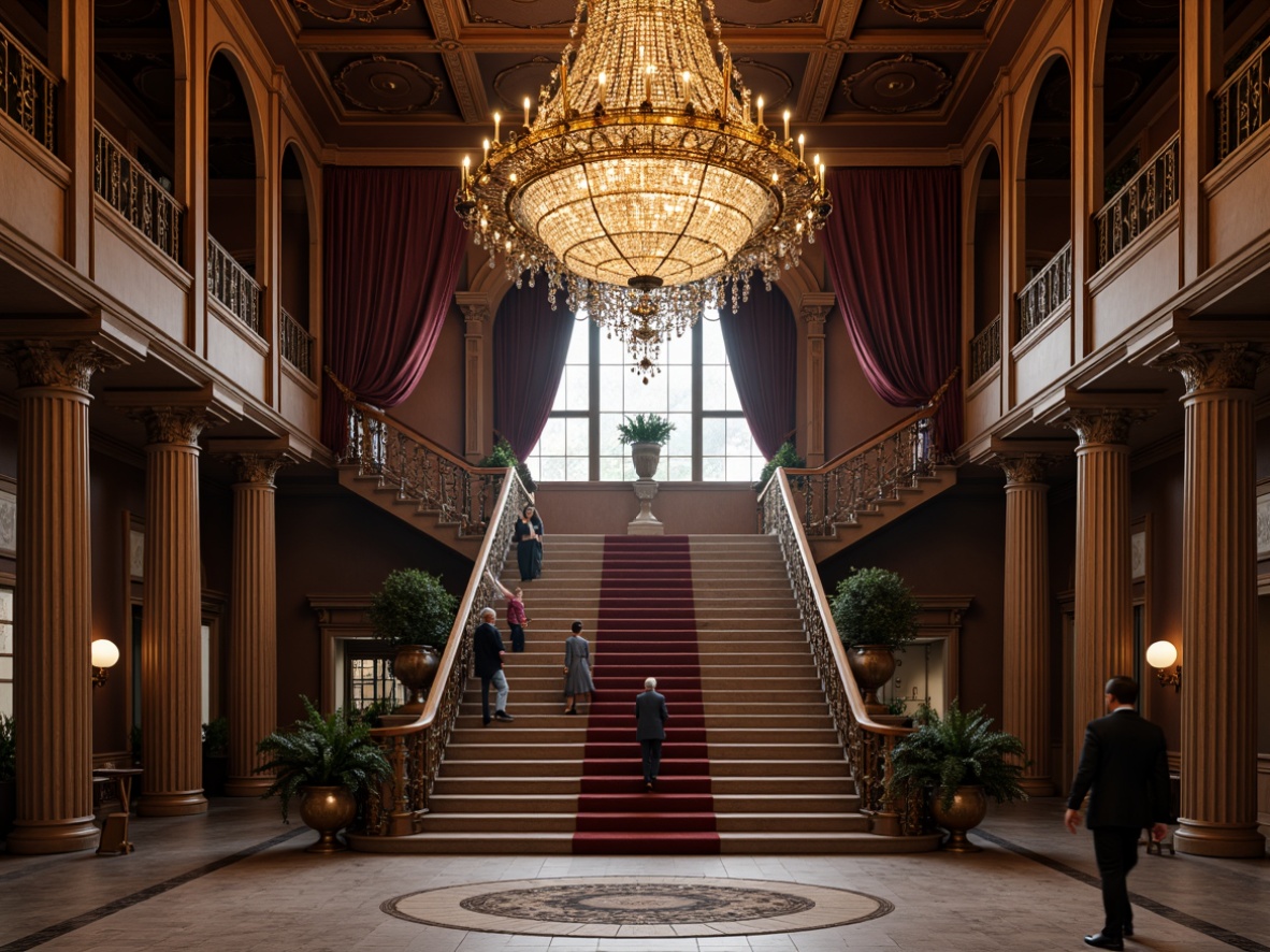 Prompt: Opulent chandelier, crystal droplets, bronze accents, ornate metalwork, intricate carvings, lavish draping, velvet fabrics, rich wood tones, marble flooring, grand staircases, high ceilings, majestic columns, symmetrical compositions, soft warm glow, dramatic shadows, 1/1 composition, realistic textures, ambient occlusion.