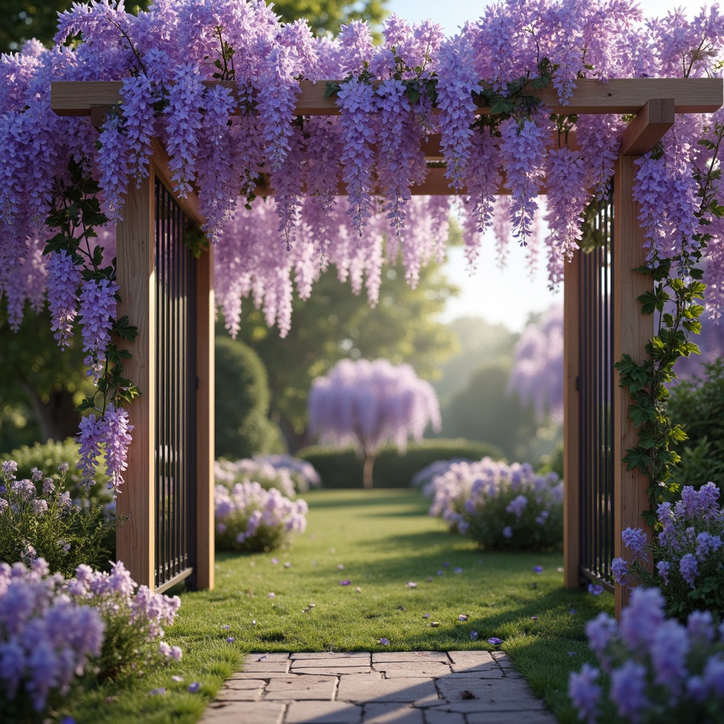 Prompt: Dreamy wisteria flowers, soft purple hues, delicate petals, whimsical garden setting, rustic wooden trellis, vintage metal gates, lush green foliage, morning dew drops, warm sunlight filtering, pastel color scheme, gentle watercolor textures, romantic ambiance, 1/2 composition, shallow depth of field, natural lighting, subtle shadows, inviting atmosphere.