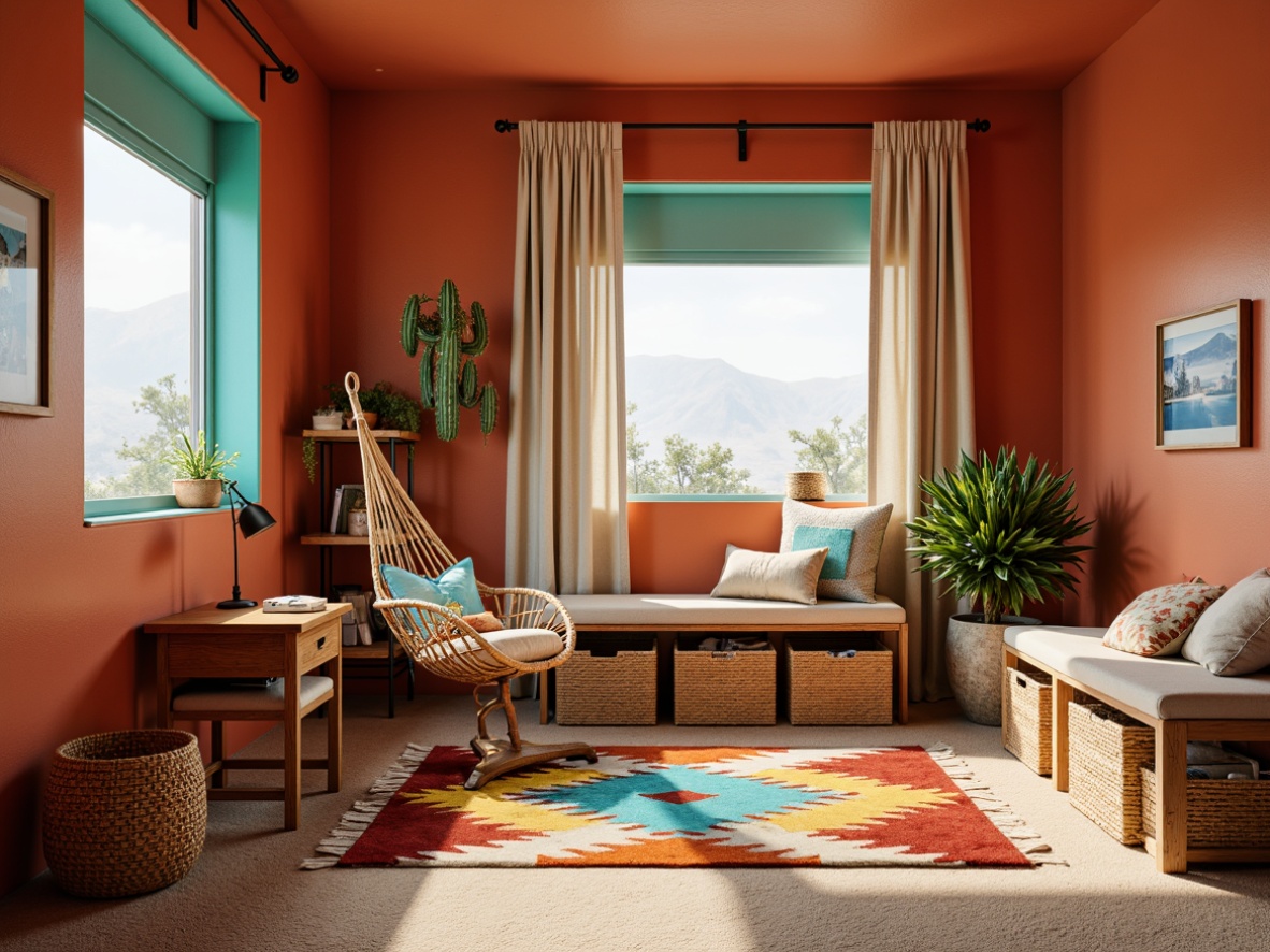 Prompt: Vibrant southwestern-themed kids' room, terracotta-colored walls, turquoise accents, cactus-inspired furniture, woven rattan storage bins, colorful Navajo-patterned rug, plush toy-filled hammock, rustic wooden desk, vintage-style metal lamp, woven basket chair, soft cushioned window seat, natural fiber curtains, warm sandy beige flooring, abundant natural light, shallow depth of field, 1/1 composition, realistic textures, ambient occlusion.