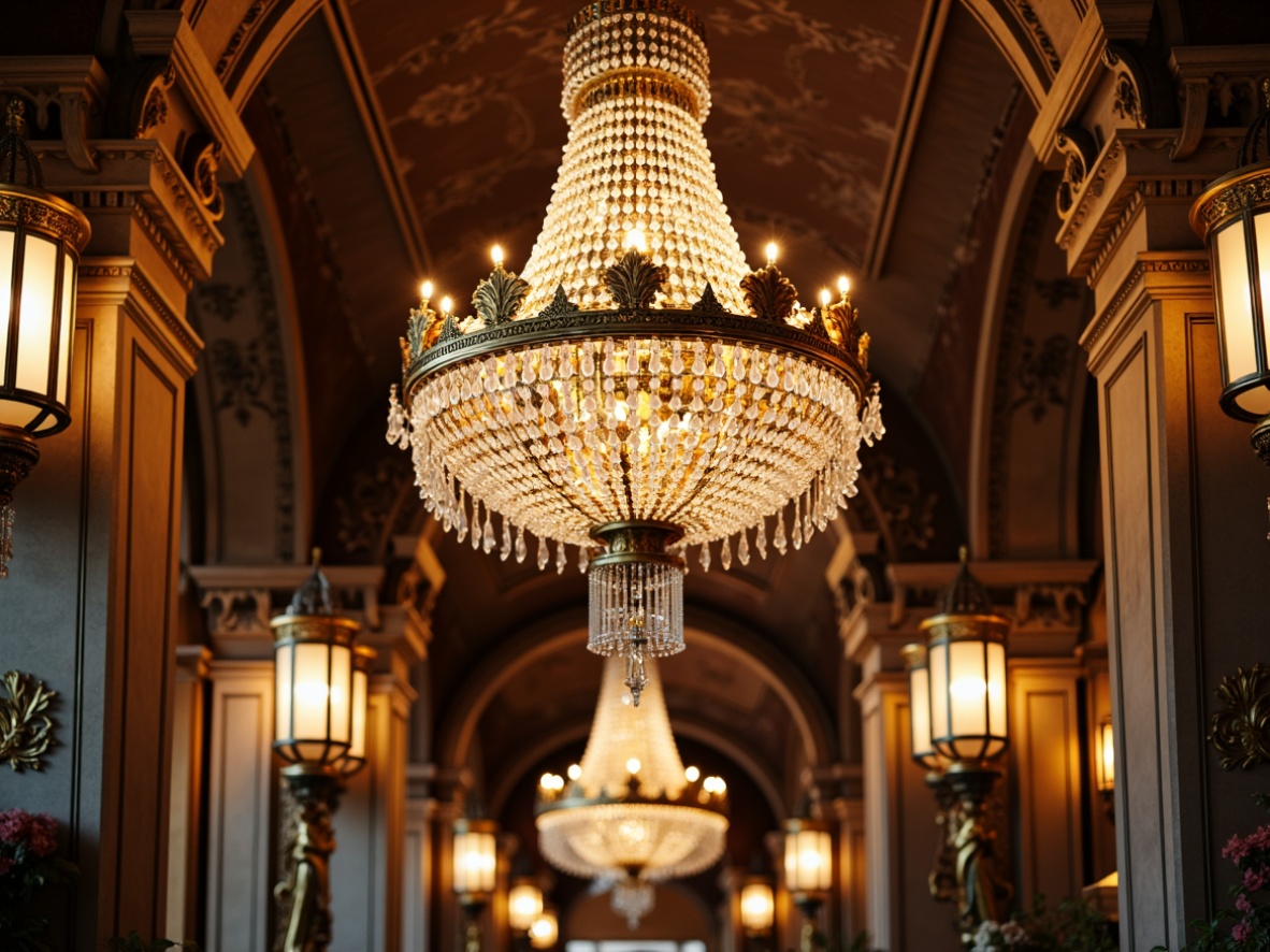 Prompt: Ornate chandeliers, crystal drops, gold accents, luxurious fabrics, rich wood tones, high ceilings, grandiose architecture, opulent furnishings, dramatic drapery, lavish decorations, warm golden lighting, soft diffused glow, intricate metalwork, beveled glass, ornamental sconces, majestic candelabras, regal atmosphere, 1/1 composition, shallow depth of field, warm color temperature, realistic textures.