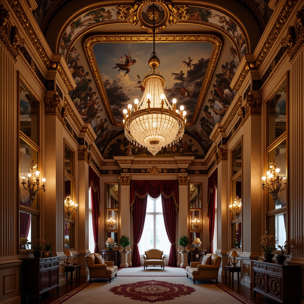 Prompt: Opulent baroque interior, grand chandelier, ornate ceiling design, intricate moldings, gilded details, lavish frescoes, decorative rosettes, symmetrical composition, rich textiles, velvet drapes, luxurious furnishings, golden accents, dramatic lighting, soft warm glow, high contrast ratio, 1/1 composition, realistic textures, ambient occlusion.