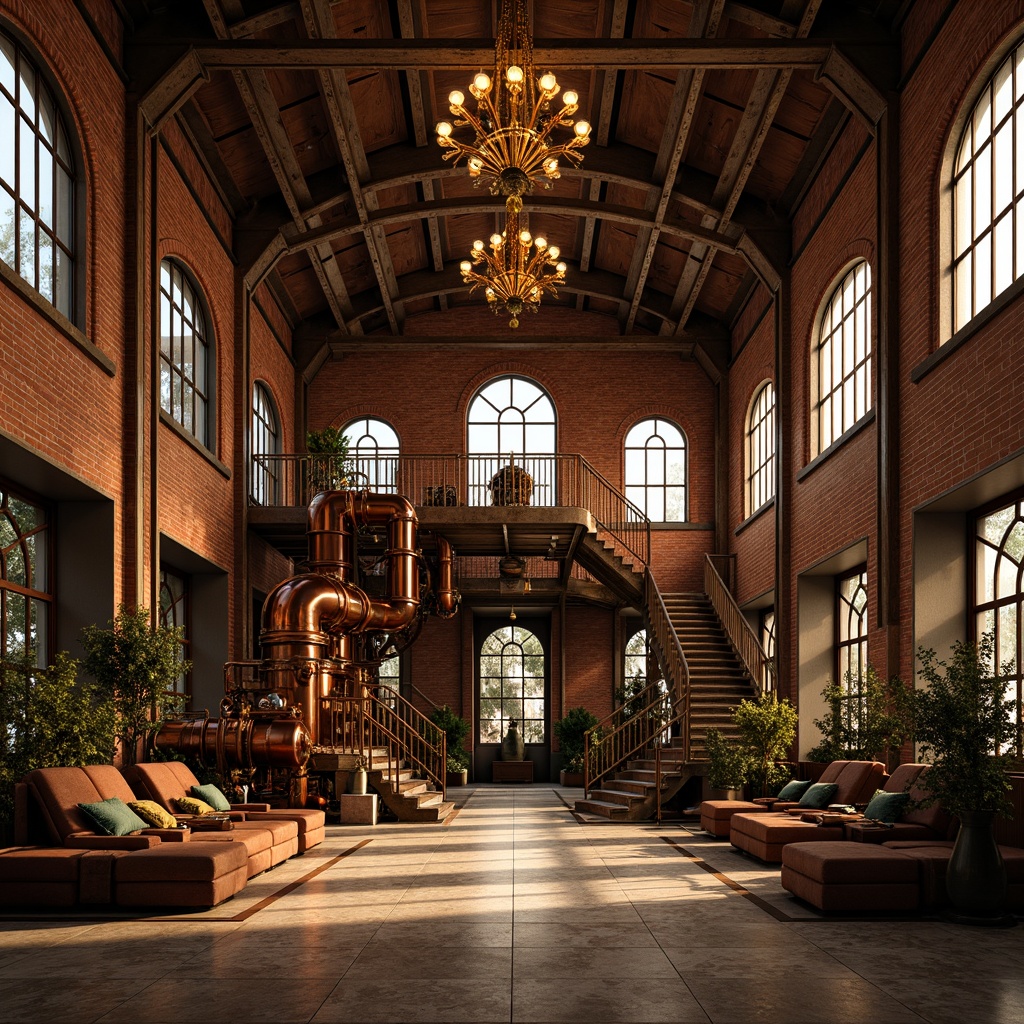 Prompt: Intricate mechanical components, ornate copper pipes, grandiose industrial machinery, lavish gold accents, rich velvet drapes, opulent chandeliers, intricate marble flooring, grand staircase, majestic archways, rusted metal beams, distressed brick walls, vintage factory windows, warm golden lighting, dramatic shadows, 1/1 composition, symmetrical framing, high contrast ratio, cinematic atmosphere.