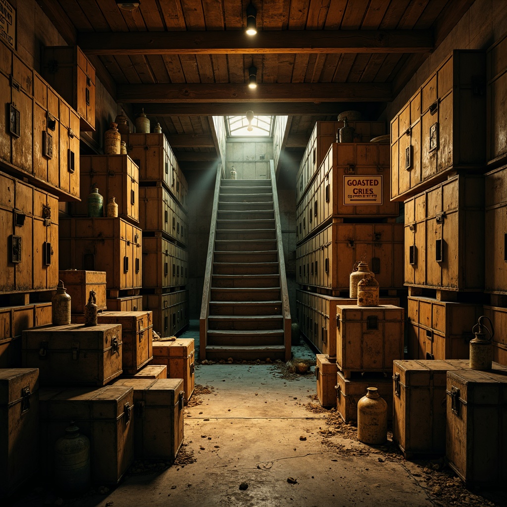 Prompt: Rustic storage room, distressed wooden crates, worn-out leather trunks, vintage metal lockers, faded signs, old-fashioned lanterns, mysterious shadows, warm golden lighting, high contrast ratio, expressionist brushstrokes, rough impasto textures, earthy color palette, dusty atmosphere, abandoned feel, cinematic composition, dramatic chiaroscuro, intense focal point.