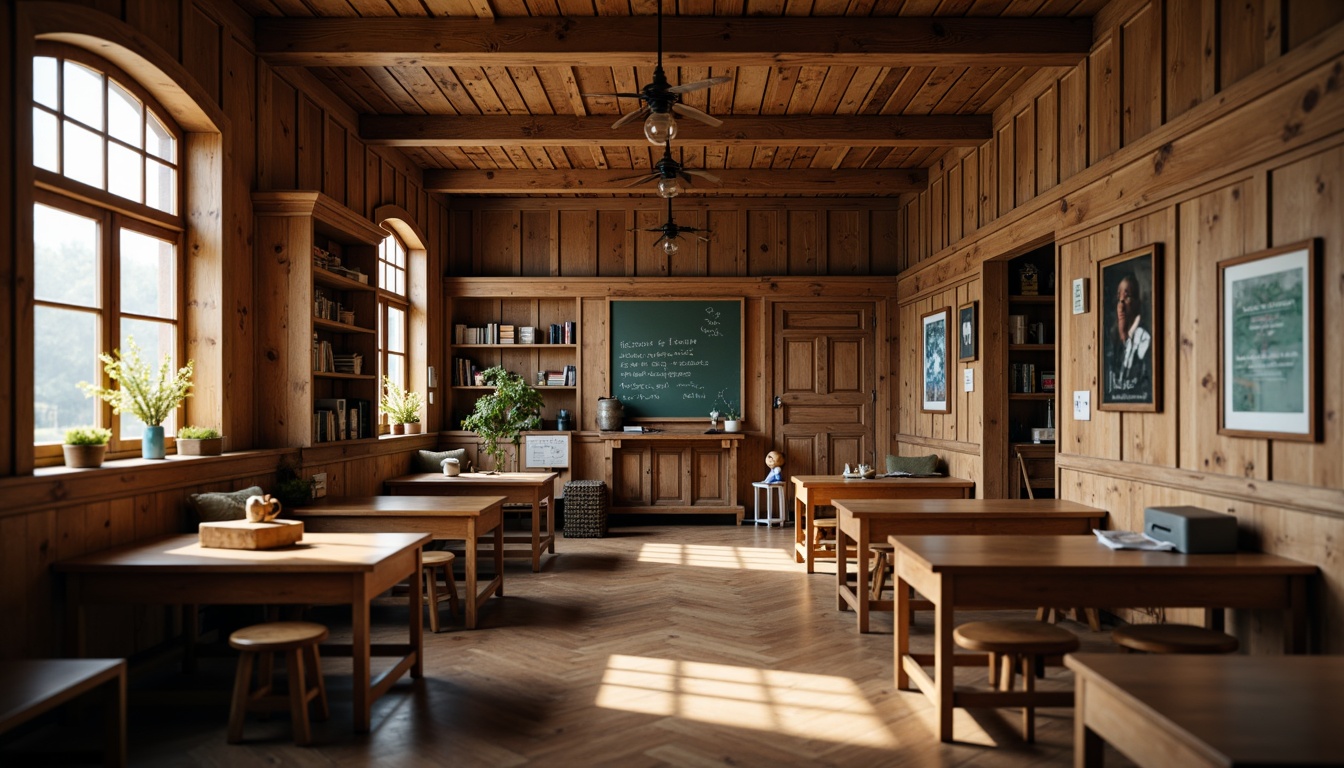 Prompt: Rustic wooden accents, exposed beams, natural wood tones, traditional craftsmanship, ornate wooden doors, vintage hardware, earthy color palette, cozy reading nooks, built-in shelving, wooden desks, classic blackboards, nostalgic school decor, warm soft lighting, shallow depth of field, 1/2 composition, inviting atmosphere, realistic textures, ambient occlusion.