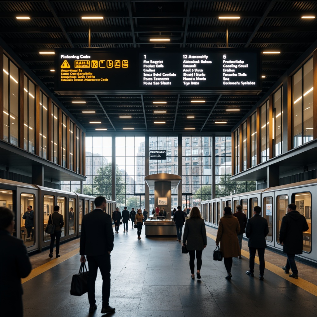 Prompt: Busy train station, clear signage, modern fonts, bright LED lights, intuitive navigation, wayfinding arrows, platform indicators, real-time schedule displays, interactive kiosks, sleek metal frames, glass enclosures, urban cityscape, rush hour atmosphere, morning sunlight, shallow depth of field, 3/4 composition, panoramic view, realistic textures, ambient occlusion.