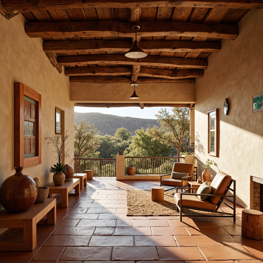 Prompt: Southwestern-style interior, warm earthy tones, terracotta floor tiles, Saltillo-inspired patterns, rustic ceramic accents, turquoise glass mosaics, sandy beige walls, woven jute rugs, natural wood furniture, vintage leather upholstery, warm bronze lighting fixtures, reclaimed wooden ceiling beams, arid desert landscape views, soft warm sunlight, shallow depth of field, 1/1 composition, realistic textures, ambient occlusion.