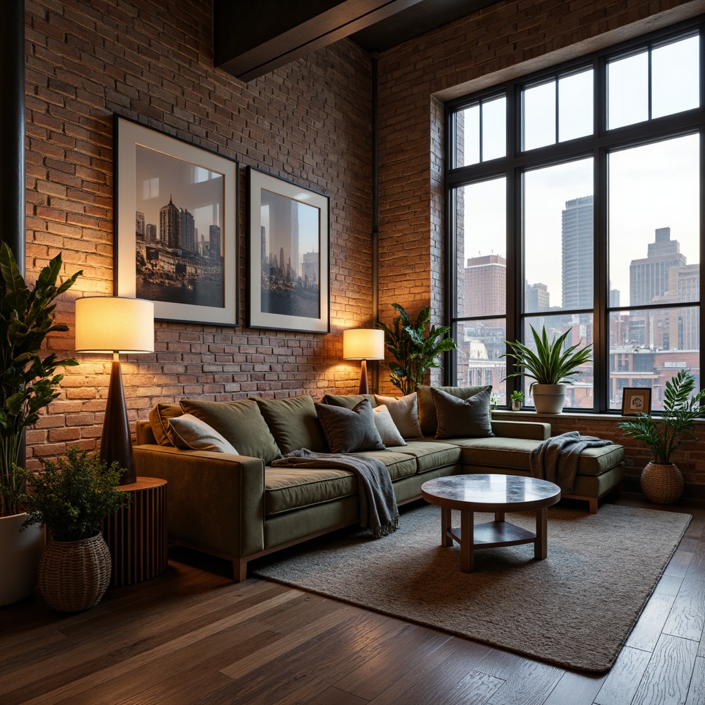 Prompt: Plush sectional sofa, velvet upholstery, tufted cushions, wooden legs, minimalist coffee table, marble top, metal base, floor lamps, soft warm lighting, cozy throw blankets, natural fiber rugs, woven baskets, potted plants, urban loft interior, industrial chic decor, exposed brick walls, high ceilings, large windows, cityscape views, 1/1 composition, shallow depth of field, realistic textures, ambient occlusion.