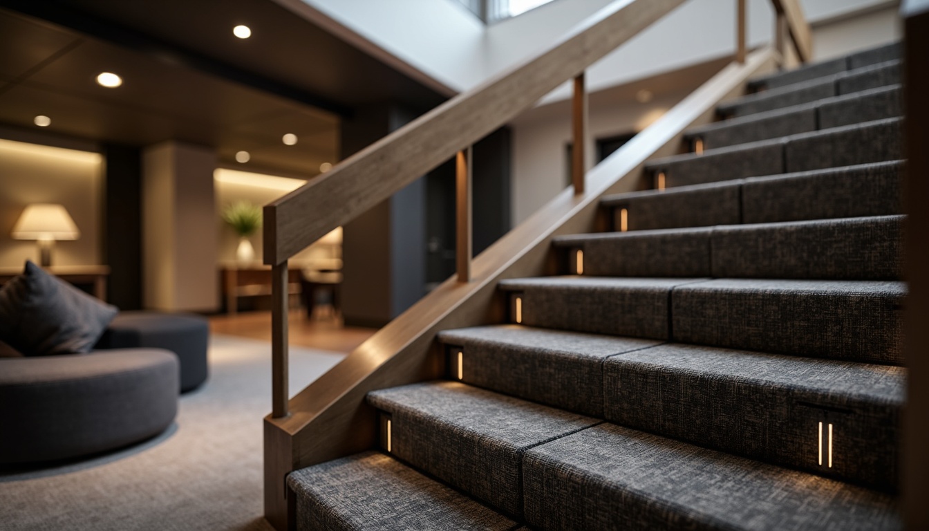 Prompt: Sleek modern staircase, minimalist design, low-profile handrail, stainless steel material, matte finish, subtle LED lighting, geometric patterns, industrial chic aesthetic, open risers, floating treads, luxurious carpeting, ambient warm lighting, shallow depth of field, 3/4 composition, realistic metallic textures, soft focus effect.