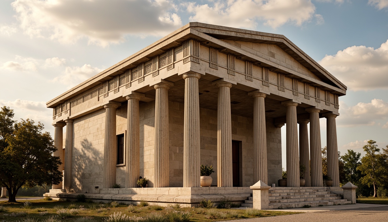 Prompt: Majestic Greek temple, iconic Doric columns, intricately carved capitals, fluted shafts, ornate pediments, grand entranceways, symmetrical facades, harmonious proportions, limestone structures, aged patina, warm golden lighting, soft focus, shallow depth of field, 2/3 composition, atmospheric perspective, realistic textures, subtle ambient occlusion.