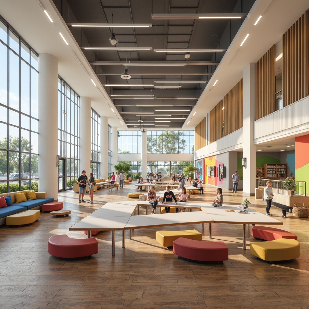 Prompt: Spacious high school interior, modern minimalist style, open layout concept, collaborative learning spaces, flexible seating arrangements, abundant natural light, sleek wooden floors, geometric-shaped tables, colorful accent walls, floor-to-ceiling windows, sliding glass doors, cozy reading nooks, vibrant student artwork displays, educational technology integration, interactive whiteboards, soft overhead lighting, 1/1 composition, shallow depth of field, warm atmosphere.