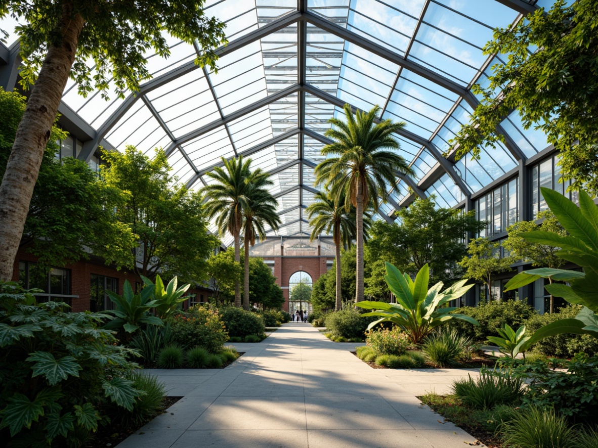 Prompt: Bauhaus-inspired greenhouses, lush tropical plants, abundant natural light, minimalist steel frames, transparent glass roofs, clerestory windows, skylights, prismatic light refractions, vibrant green hues, organic shapes, industrial materials, exposed brick walls, polished concrete floors, functional simplicity, geometric patterns, warm ambient lighting, soft shadows, 1/2 composition, high-angle shot, realistic reflections.