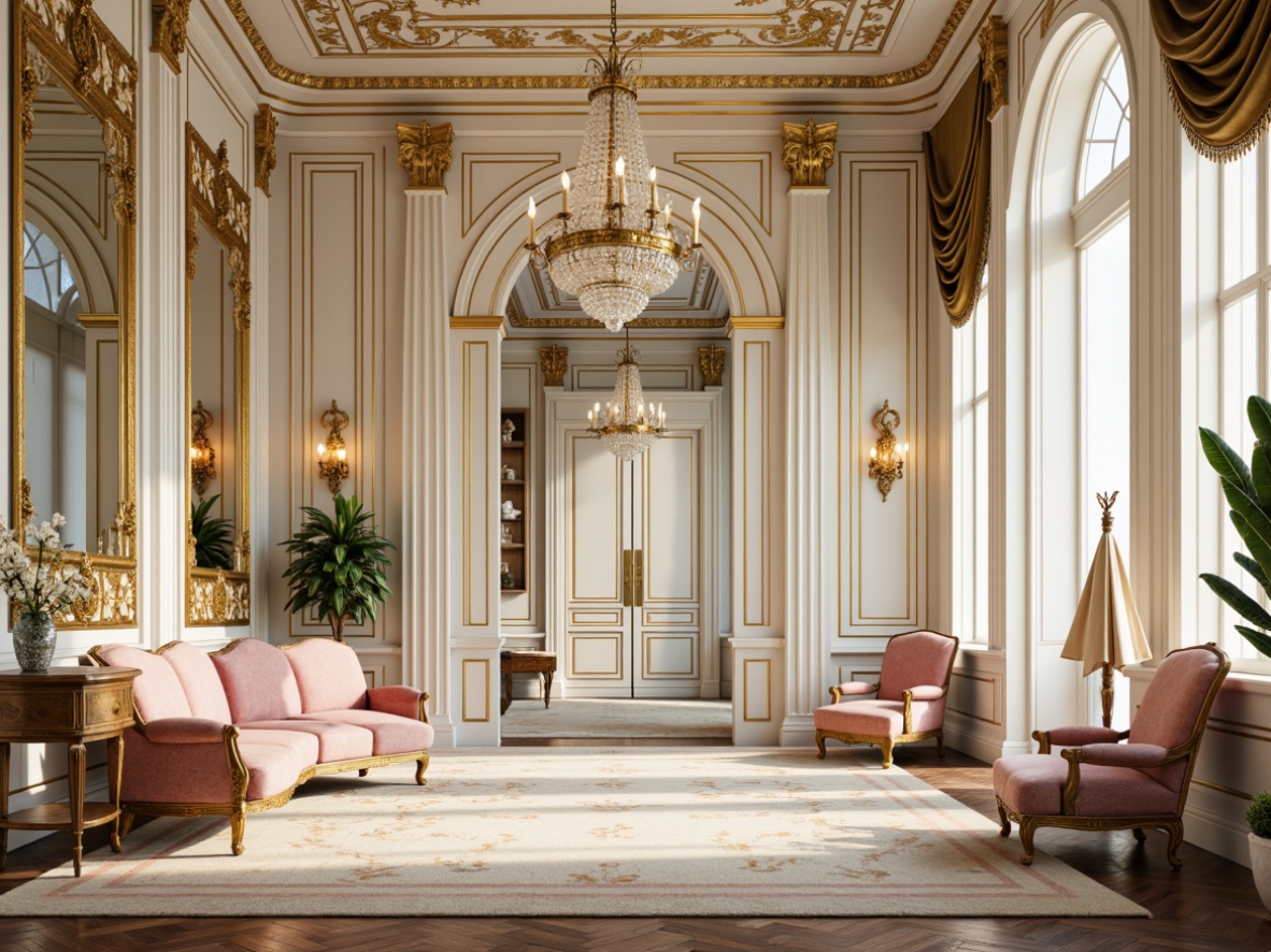 Prompt: Luxurious Rococo interior, ornate gold accents, soft creamy whites, pastel pinks, blues, and yellows, rich velvety textures, intricate carvings, ornamental mirrors, crystal chandeliers, lavish furnishings, subtle sheen, warm golden lighting, shallow depth of field, 1/1 composition, realistic reflections, ambient occlusion.