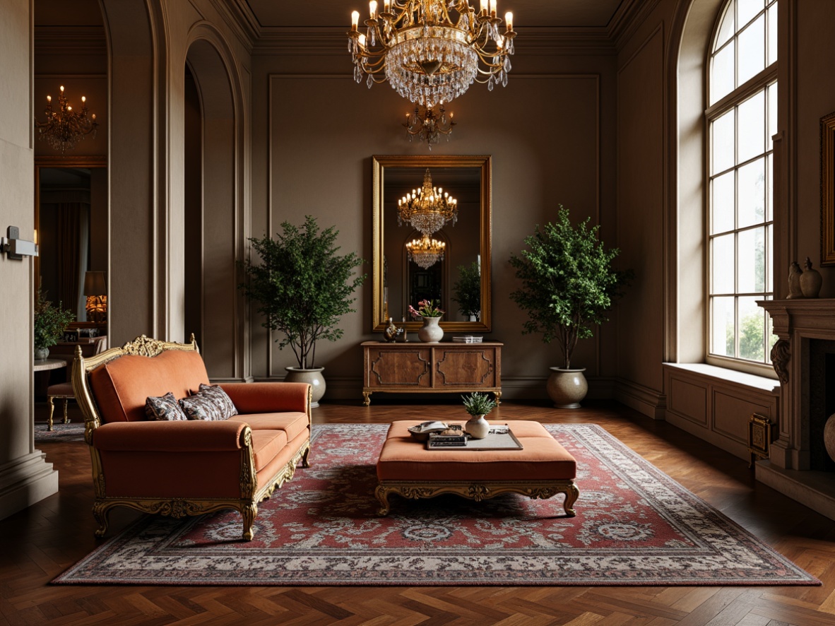 Prompt: Elegant lounge chair, ornate carvings, rich velvet upholstery, gilded accents, marble coffee table, intricately patterned rug, crystal chandelier, stately columns, high ceilings, grand architectural details, sophisticated color palette, soft warm lighting, subtle shadows, 1/1 composition, symmetrical framing, luxurious textures, ambient occlusion.