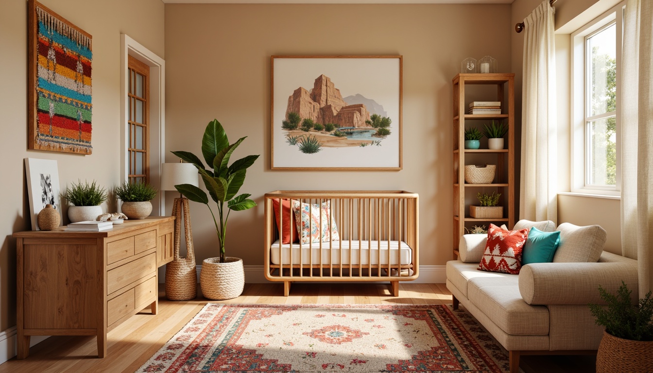 Prompt: Vibrant baby nursery, southwestern style, warm beige walls, natural wood crib, colorful woven textiles, geometric patterns, soft pastel hues, plush area rug, rustic wooden furniture, turquoise accents, creamy white curtains, cozy reading nook, oversized pillows, gentle warm lighting, shallow depth of field, 1/1 composition, intimate atmosphere, realistic fabrics, ambient occlusion.