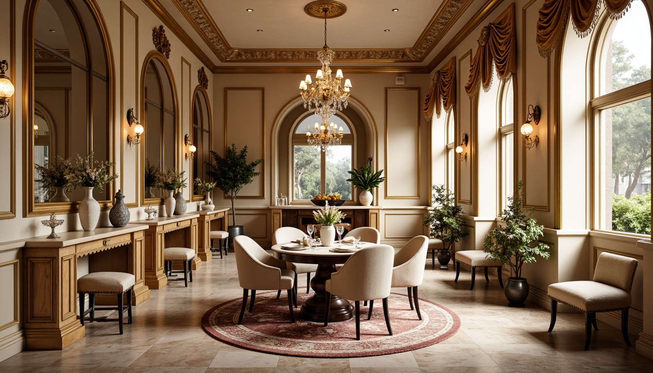 Prompt: Ornate breakfast nook, curved lines, golden accents, soft velvet upholstery, intricately carved wooden furniture, delicate porcelain vases, ornamental mirrors, lavish drapery, plush area rugs, elegant crystal chandeliers, warm beige walls, creamy marble countertops, antique bronze hardware, natural light pouring in, shallow depth of field, 1/1 composition, warm color palette, realistic textures, ambient occlusion.