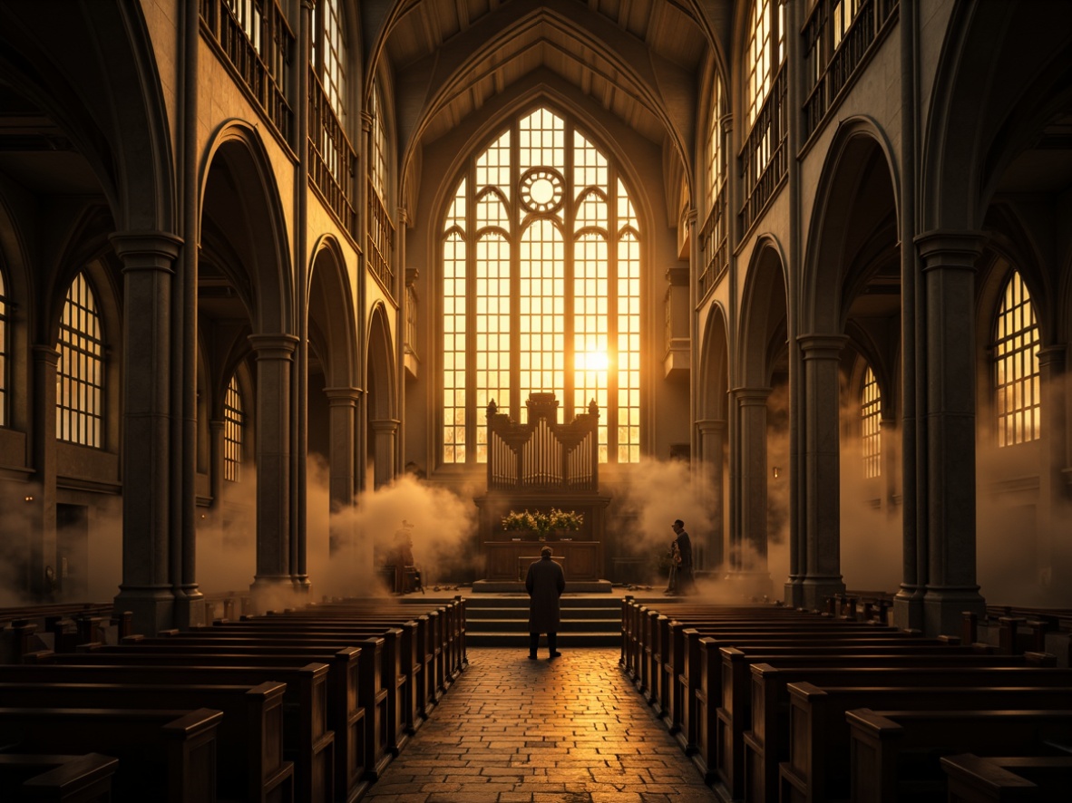 Prompt: Dramatic cathedral interior, vaulted ceilings, stained glass windows, warm golden lighting, soft candle glow, mysterious shadows, intricate stone carvings, ornate wooden pews, grand pipe organ, eerie fog atmosphere, dimly lit corridors, flickering torches, mystical ambiance, high contrast ratio, low-key lighting, cinematic composition, 1/2 shutter speed, atmospheric perspective.