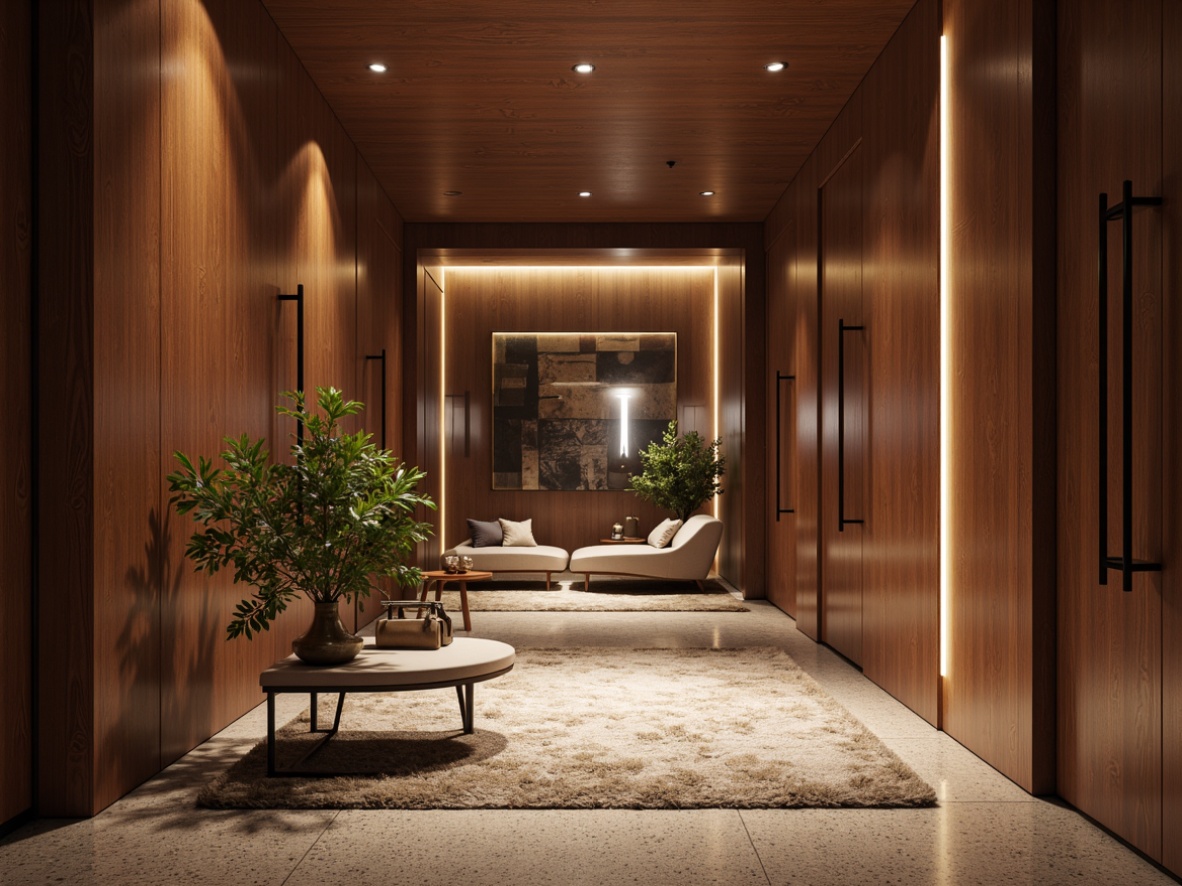 Prompt: Elegant entrance hall, rich wood tones, warm walnut finishes, sleek wooden doors, polished chrome handles, sophisticated foyer furniture, plush area rugs, modern pendant lighting, subtle texture contrasts, soft natural light, atmospheric shadows, 1/2 composition, shallow depth of field, realistic wood grain textures.