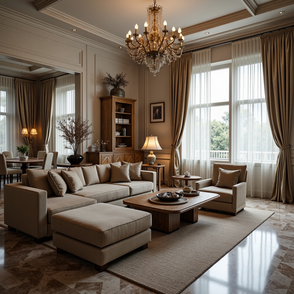 Prompt: Luxurious living room, velvet sofa, oak wood coffee table, marble flooring, ornate chandelier, floor-to-ceiling curtains, neutral color palette, rich textiles, classic designs, sophisticated ambiance, warm lighting, shallow depth of field, 1/1 composition, realistic reflections, ambient occlusion.