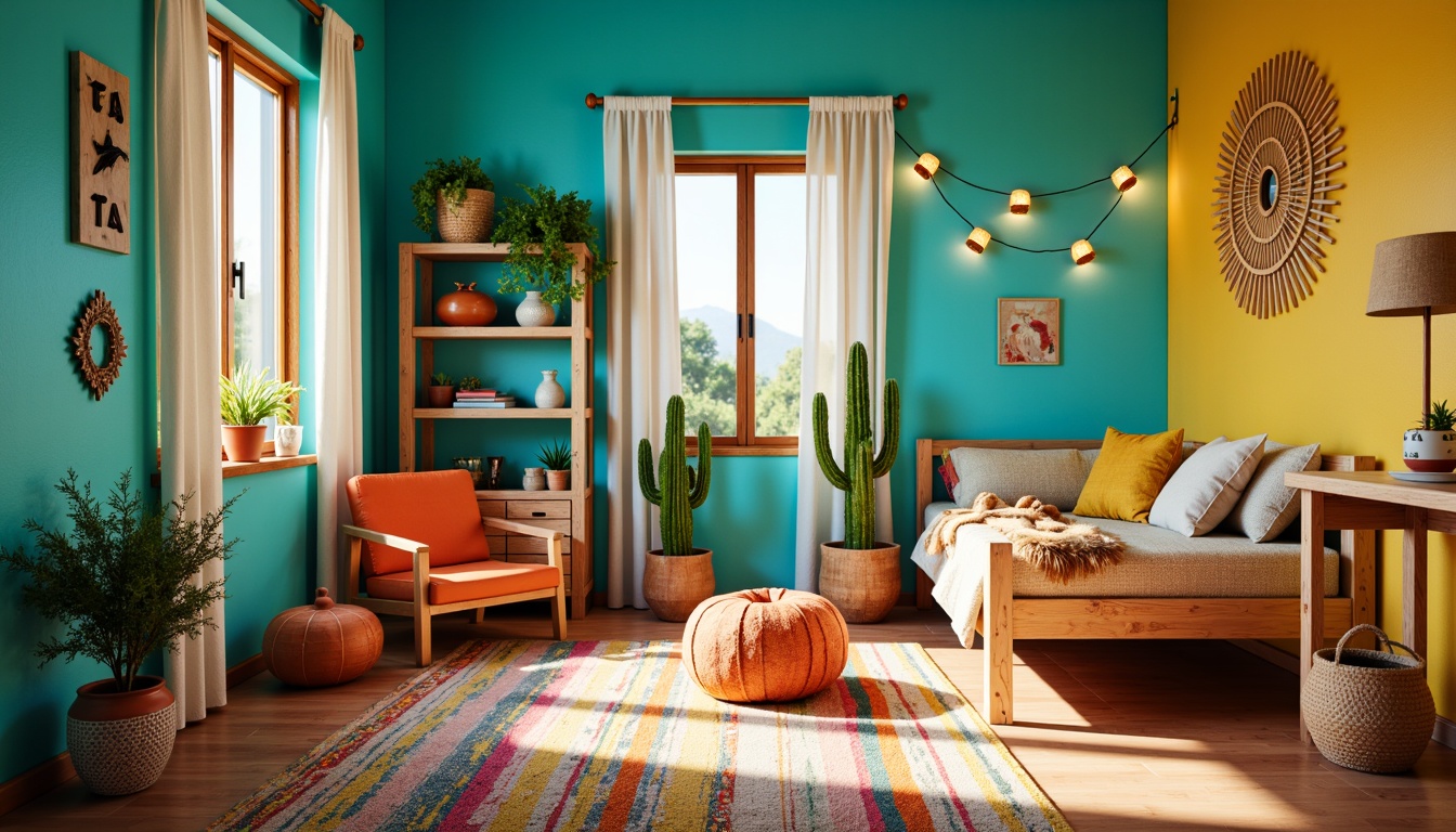 Prompt: Vibrant southwestern-themed kids' room, bright turquoise walls, colorful woven textiles, warm beige flooring, rustic wooden furniture, playful cactus decorations, sunny day, soft warm lighting, shallow depth of field, 3/4 composition, panoramic view, realistic textures, ambient occlusion, table lamps with terracotta shades, floor lamps with wicker details, string lights with mini sombreros, LED lights in geometric patterns, cozy reading nook, comfortable pillows, fun pi\u00f1ata-inspired accessories.