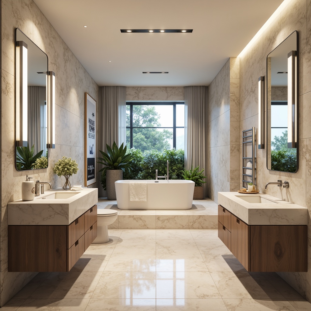 Prompt: Luxurious bathroom, marble countertops, freestanding tubs, rain showerheads, heated flooring, LED mirrors, chrome faucets, minimalist cabinets, ambient lighting, soft pastel colors, natural stone walls, wooden vanity units, greenery plants, floor-to-ceiling windows, urban chic decor, modern fixtures, sleek lines, rectangular sinks, wall-mounted toilets, bidets, spa-inspired ambiance, warm neutral tones, subtle textures.