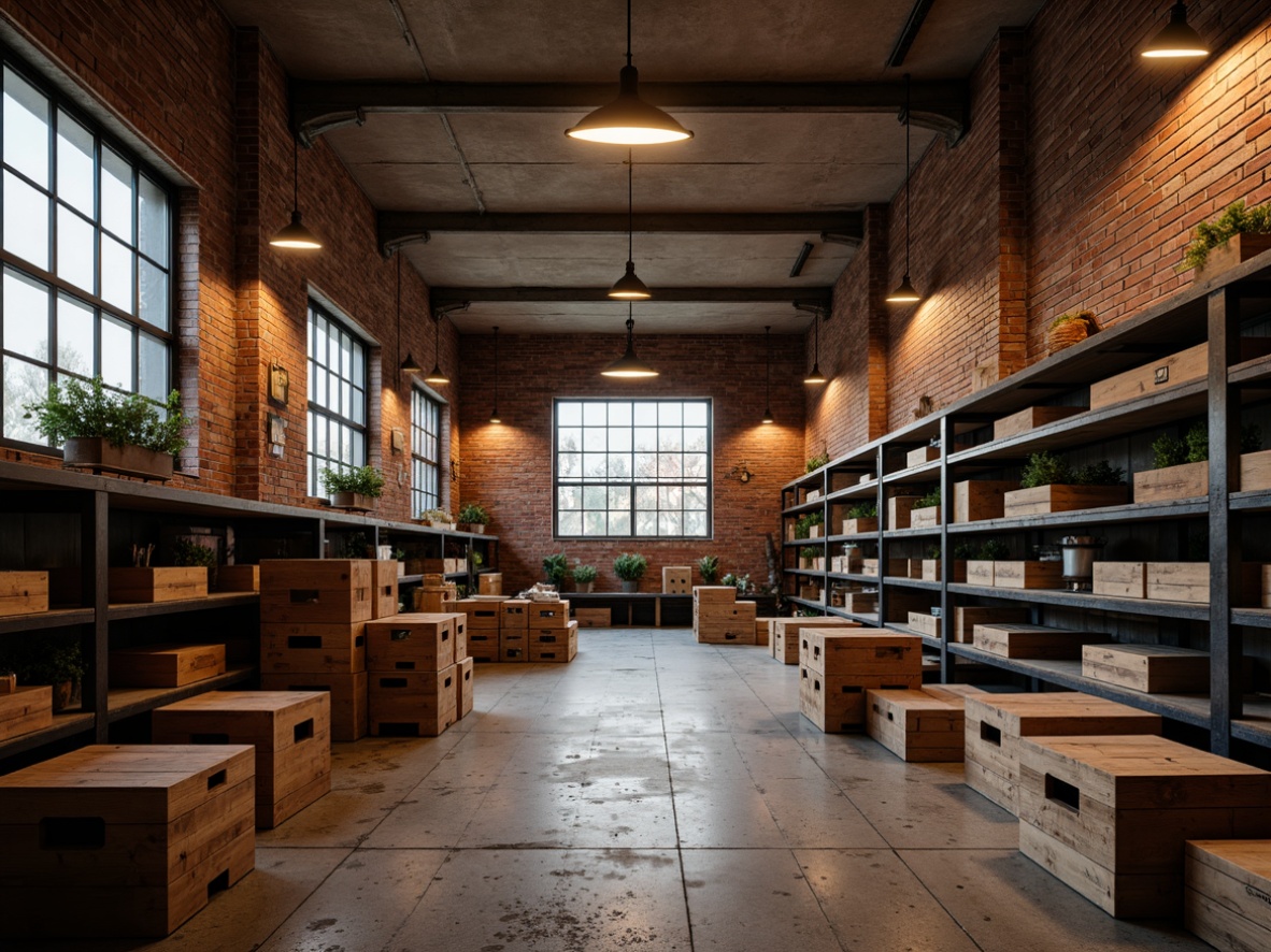 Prompt: Industrial storage room, exposed brick walls, metal shelving units, wooden crates, vintage factory lights, rustic wood accents, distressed concrete floors, urban loft atmosphere, warm color palette, softbox lighting, 1/1 composition, realistic textures, ambient occlusion.