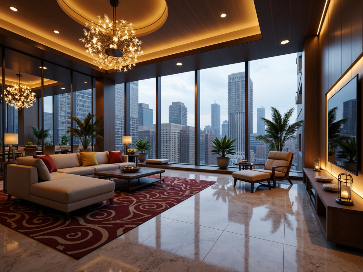 Prompt: Modern living room, sleek furniture, polished marble floors, geometric patterned rugs, floor-to-ceiling windows, urban cityscape views, sophisticated ambiance, stunning lighting fixtures, pendant lamps, sputnik chandeliers, LED strip lights, warm golden tones, soft diffused illumination, 1/1 composition, low-key lighting, atmospheric shadows, realistic reflections, detailed textures.