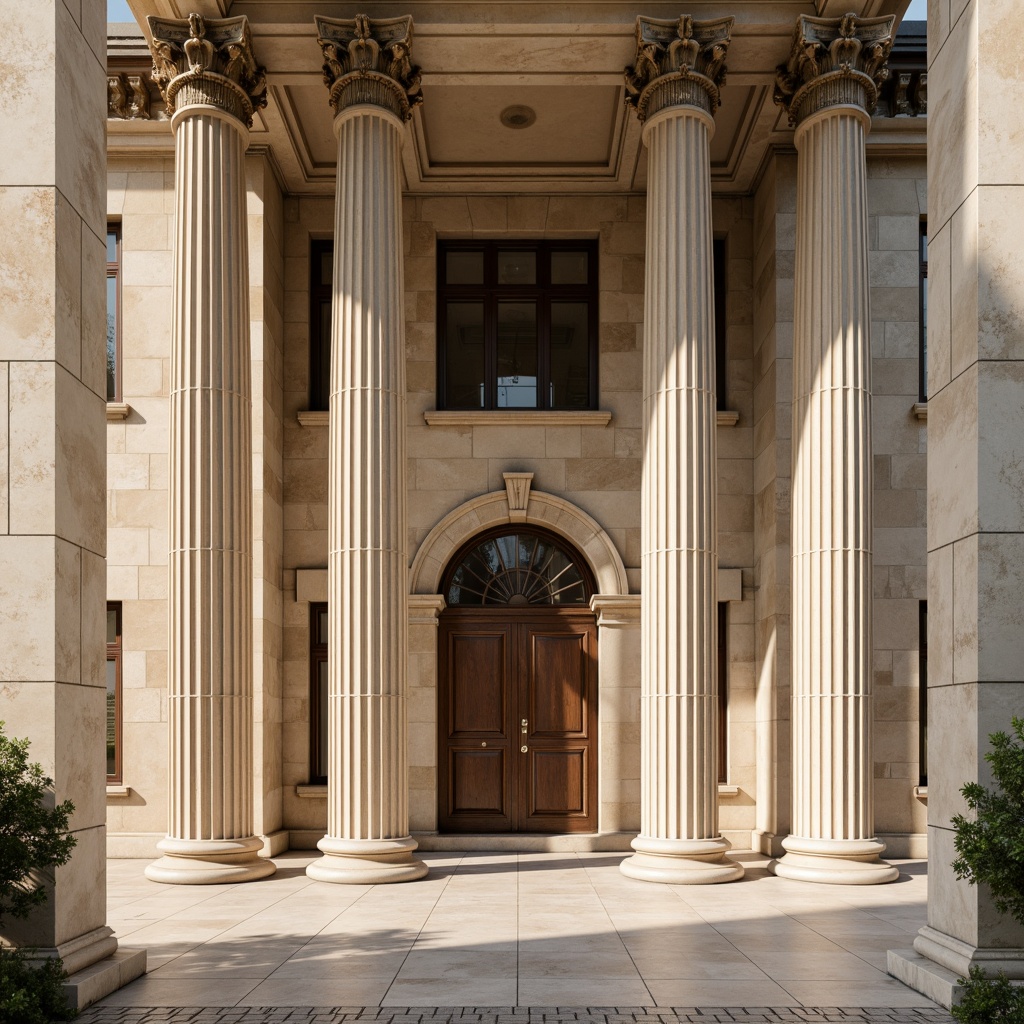 Prompt: Grandiose columns, ornate capitals, fluted shafts, Doric order, ancient Greek inspiration, symmetrical facade, stately entrance, imposing structure, limestone material, weathered stone texture, natural light illumination, warm beige color tone, subtle shadows, classical architectural style, monumental scale, harmonious proportions, 1/2 composition, shallow depth of field, realistic rendering.