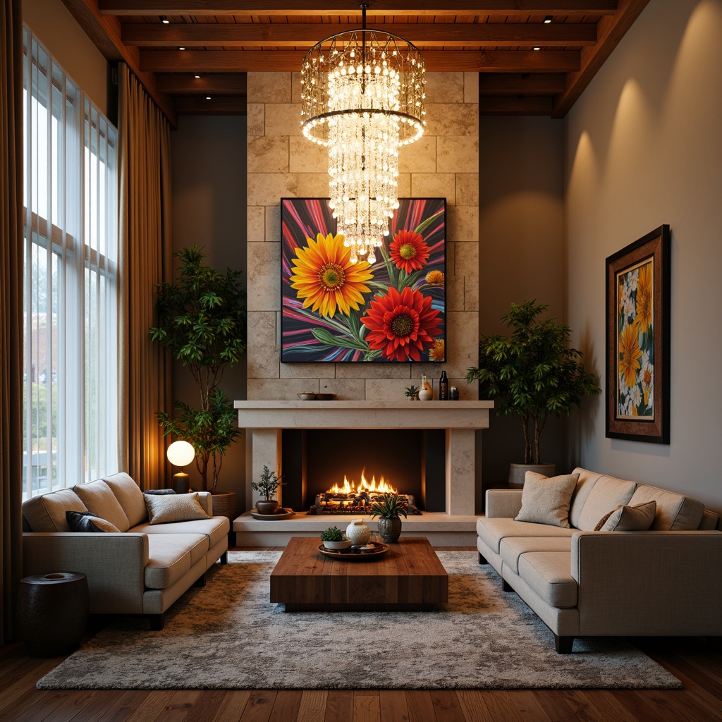 Prompt: Cozy living room, warm ambient lighting, modern chandelier, crystal pendant lights, soft white glow, textured walls, plush furniture, wooden floorboards, natural stone fireplace, vibrant colorful artwork, floor-to-ceiling windows, sheer curtains, gentle morning light, 1/1 composition, shallow depth of field, realistic textures, ambient occlusion.