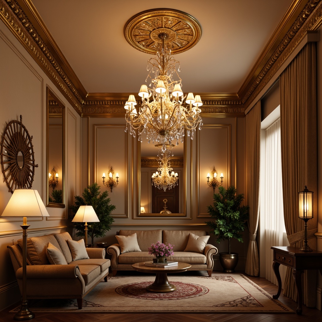 Prompt: Ornate chandeliers, crystal droplets, soft warm glow, luxurious fabrics, rich wood tones, intricate moldings, grandiose ceilings, elegant sconces, subtle shadows, warm beige walls, refined furniture pieces, velvet drapes, golden accents, ornamental mirrors, lavish floor lamps, subtle LED strips, ambient lighting effects, 1/1 composition, shallow depth of field, realistic textures, softbox lighting.