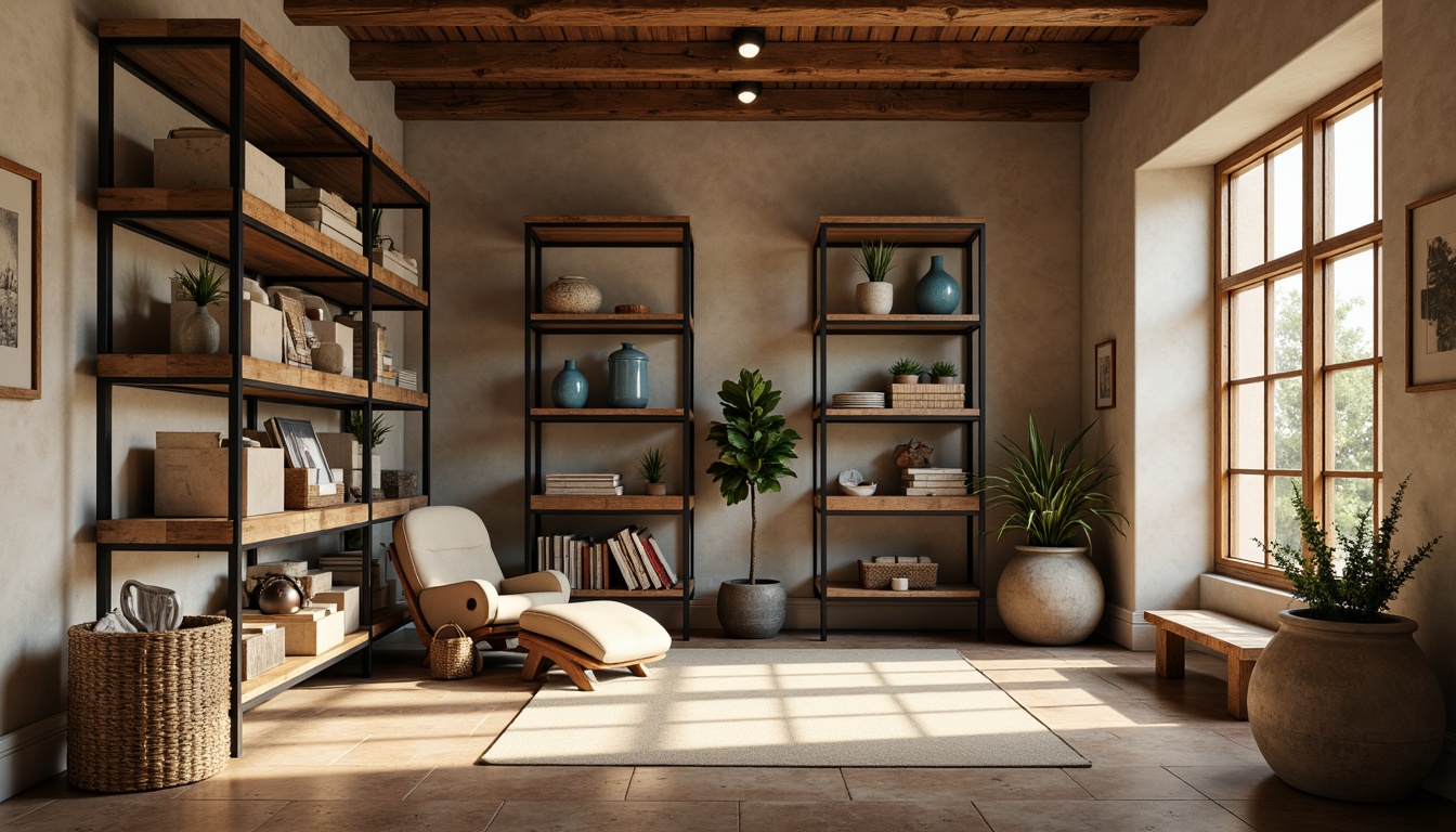 Prompt: Cozy storage room, soft beige walls, warm wooden shelves, rustic metal racks, calming blue accents, natural stone flooring, earthy brown tones, subtle texture contrasts, ambient softbox lighting, shallow depth of field, 1/1 composition, realistic renderings, atmospheric misting.