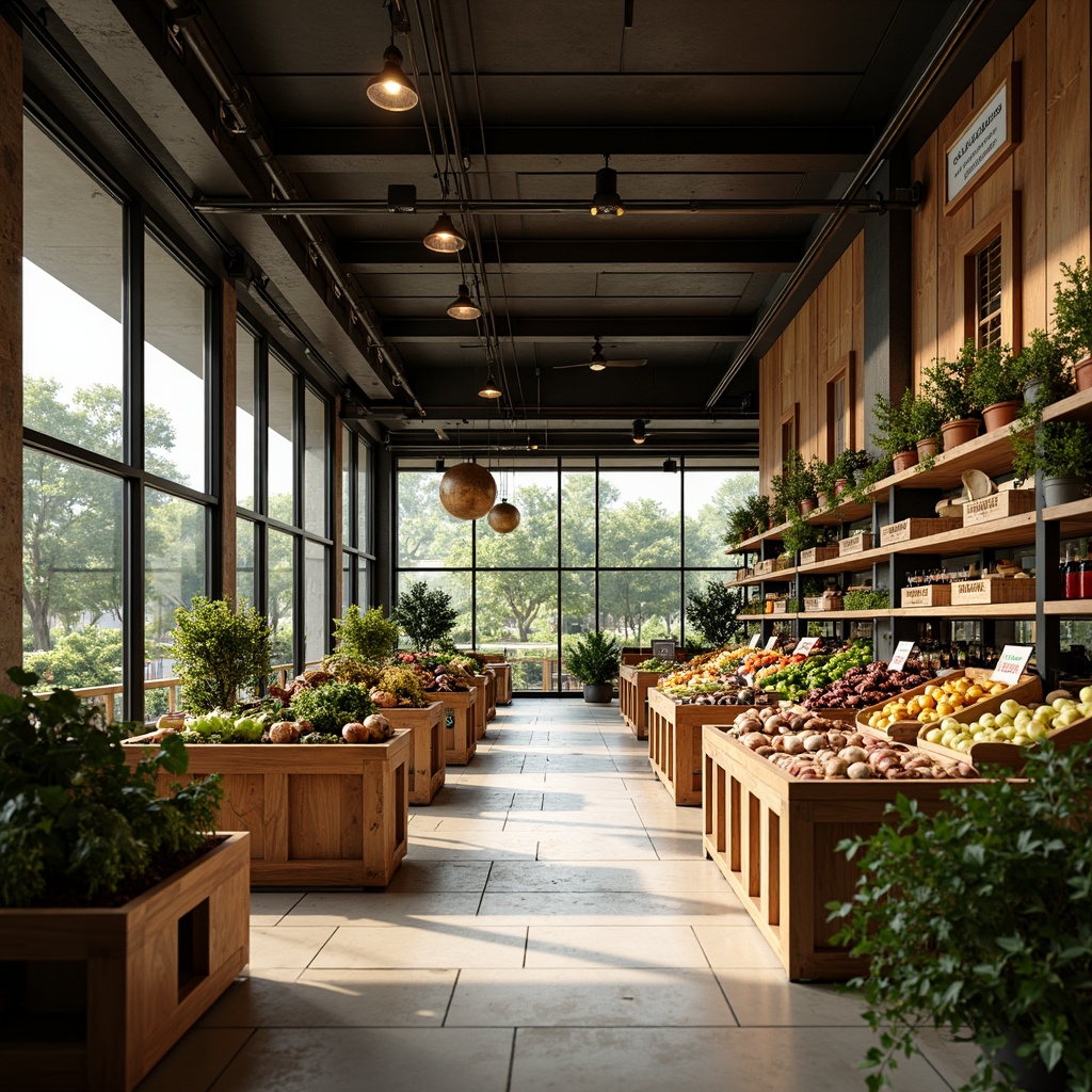 Prompt: Academic-style grocery store interior, sleek shelving units, industrial metal frames, adjustable shelves, wooden crate displays, wire baskets, rustic signage, earthy tone color scheme, natural stone flooring, modern track lighting, shallow depth of field, 1/1 composition, realistic textures, ambient occlusion, abundant greenery, fresh produce stands, gourmet food sections, wine and cheese displays, upscale shopping atmosphere, afternoon soft warm lighting.