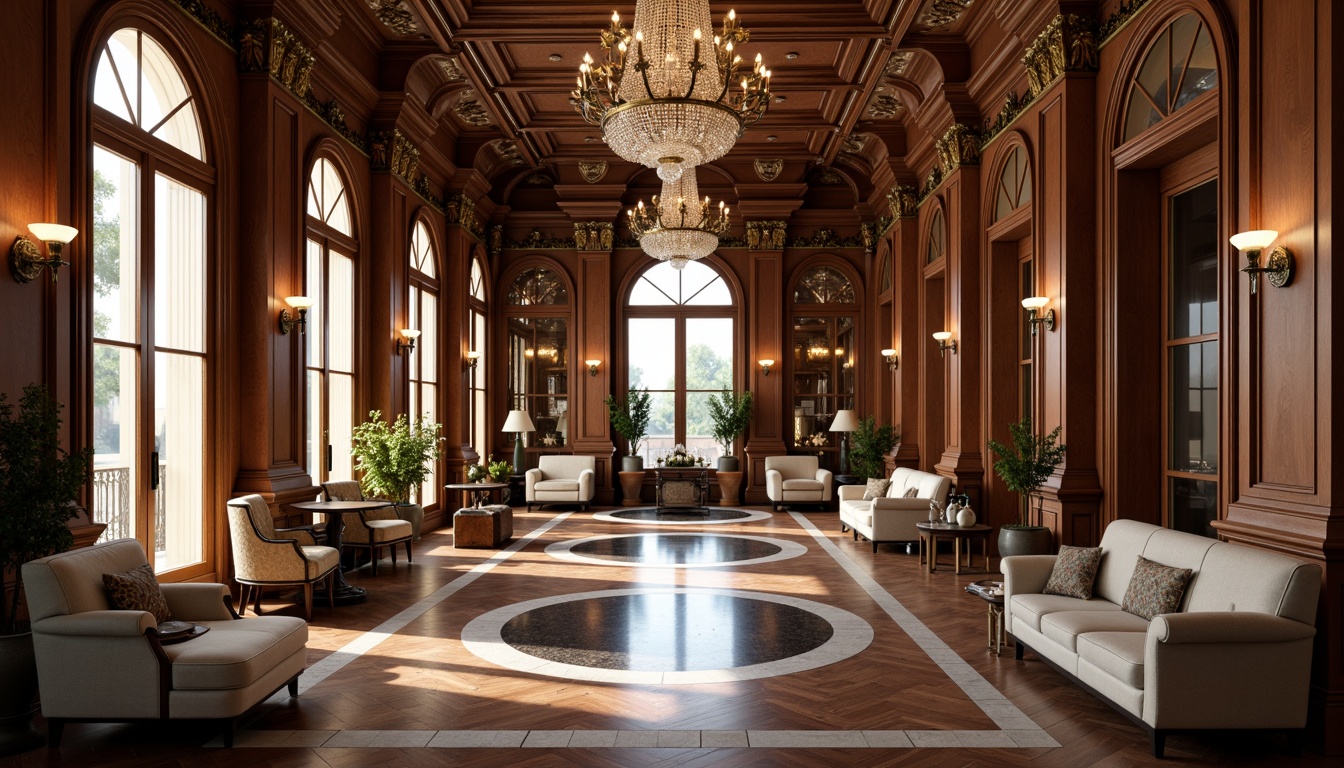 Prompt: Opulent neoclassical interior, lavish furnishings, rich wood tones, ornate moldings, crystal chandeliers, intricate carvings, grand scale, symmetrical compositions, elegant archways, refined glass accents, beveled edges, subtle reflections, soft warm lighting, 1/1 composition, realistic textures, ambient occlusion.