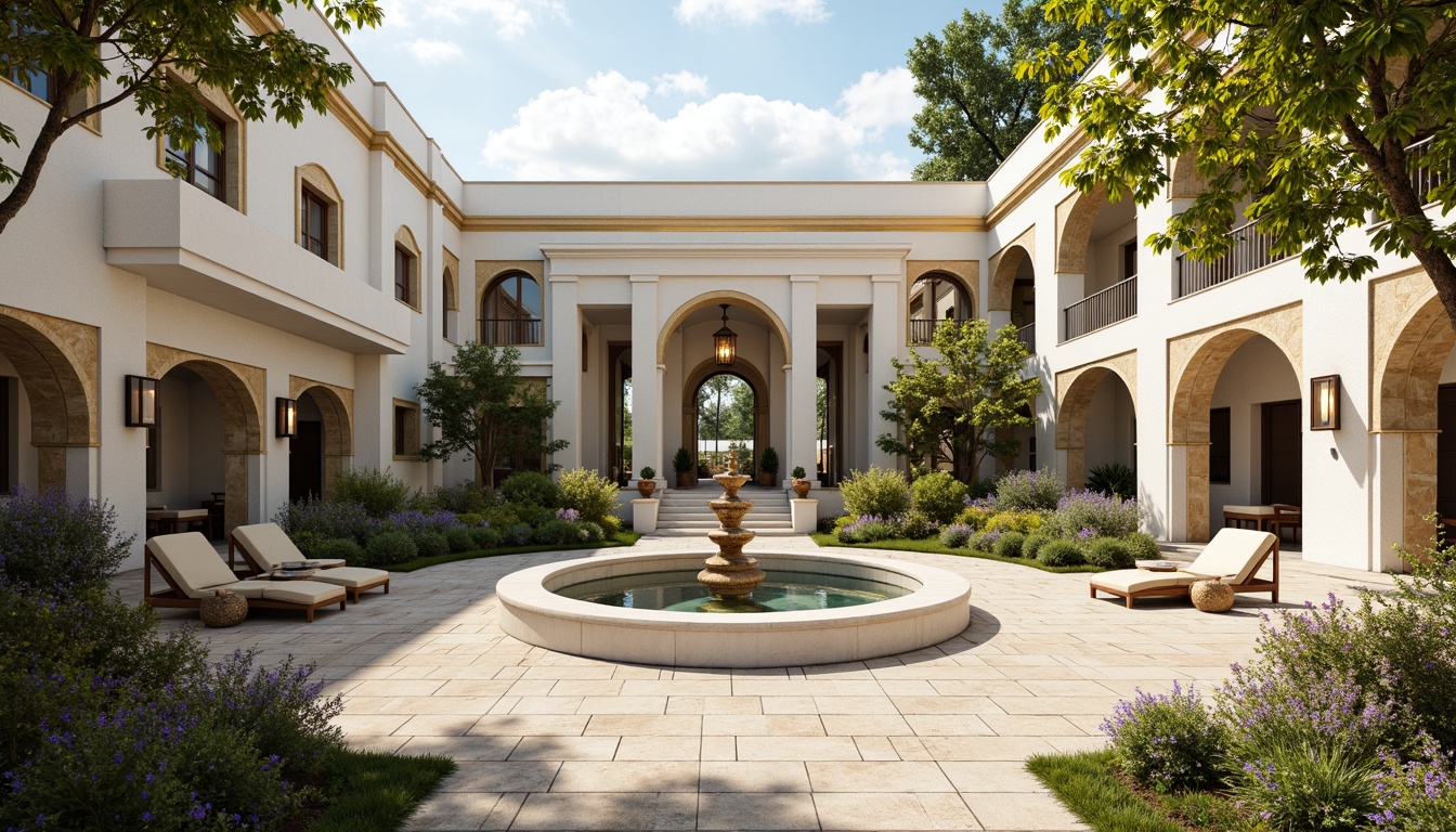 Prompt: Creamy white marble, soft beige stucco, warm golden accents, ornate bronze details, lush greenery, blooming flowers, elegant columns, grand archways, symmetrical fa\u00e7ade, rustic stone pathways, serene courtyard, tranquil fountain, natural light, soft warm glow, shallow depth of field, 3/4 composition, panoramic view, realistic textures, ambient occlusion.This prompt includes the main subject (Villa Neoclassicism Style), its features (marble, stucco, golden accents, etc.), setting (courtyard, fountain, etc.), and camera settings (natural light, soft warm glow, etc.).