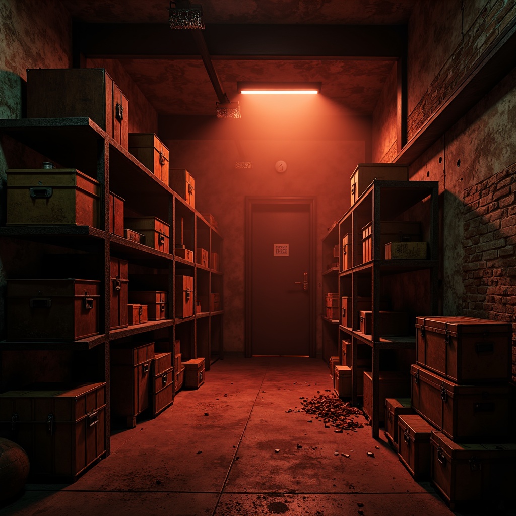 Prompt: Dimly lit storage room, mysterious shadows, industrial metal shelves, rusty storage crates, old wooden trunks, vintage luggage, distressed walls, exposed brickwork, dim red lighting, warm golden tones, high contrast ratios, dramatic spotlighting, atmospheric fog effects, eerie silence, abandoned atmosphere, worn concrete floors, peeling paint, dusty air, nostalgic memorabilia.