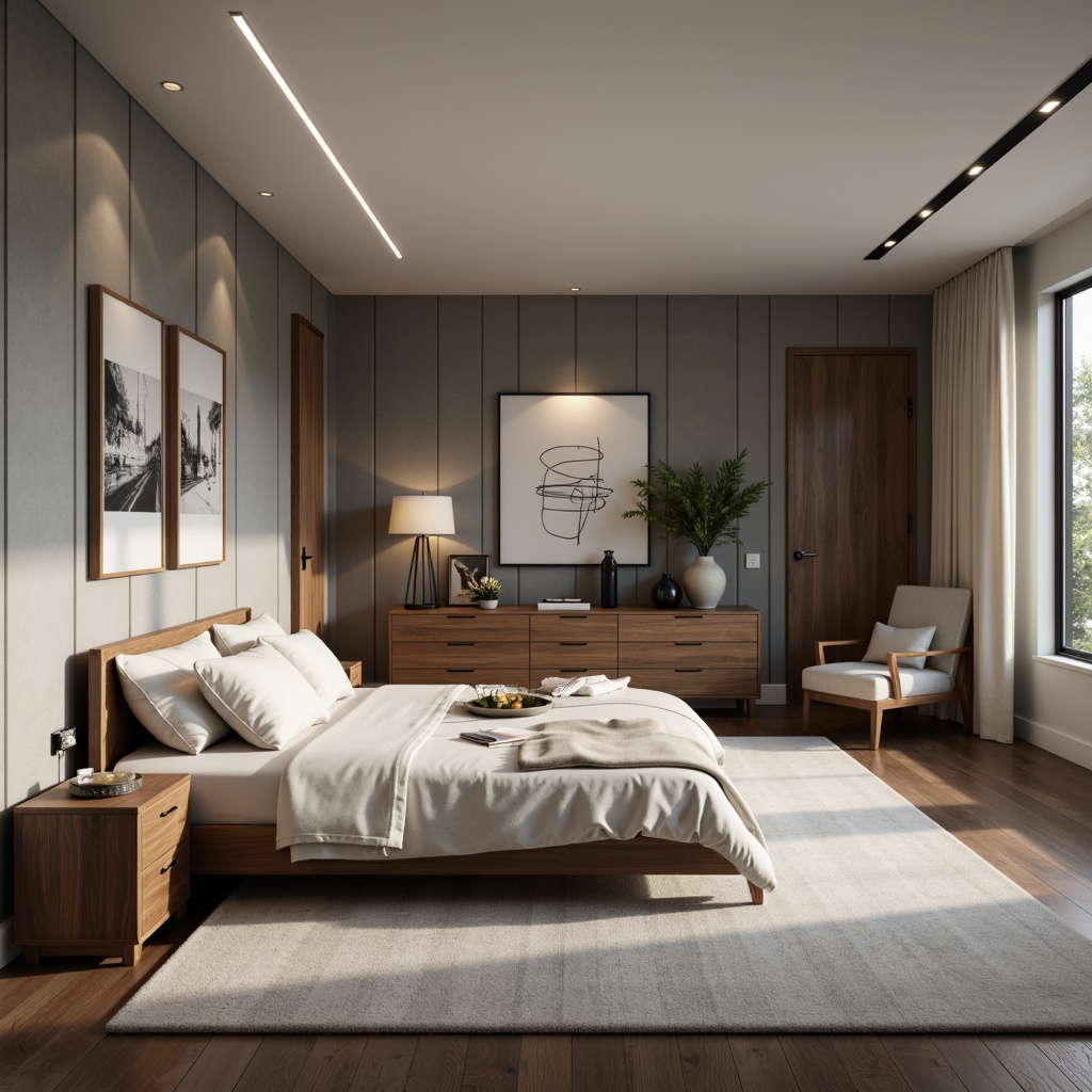 Prompt: Monochromatic bedroom, soft grey walls, rich walnut furniture, creamy white bedding, velvety smooth fabrics, minimalist decor, sleek metal accents, warm ambient lighting, LED strip lights, modern abstract art, geometric patterns, calm atmosphere, shallow depth of field, 1/1 composition, realistic textures, subtle shadows.