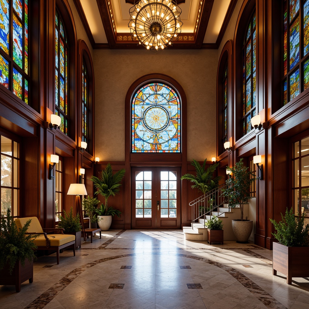 Prompt: \Grand entrance hall, traditional architectural style, ornate wooden doors, stained glass panels, vibrant colors, intricate patterns, symmetrical design, majestic chandeliers, marble floors, curved staircases, luxurious furnishings, warm ambient lighting, soft focus, shallow depth of field, 1/2 composition, realistic textures, subtle reflections.\