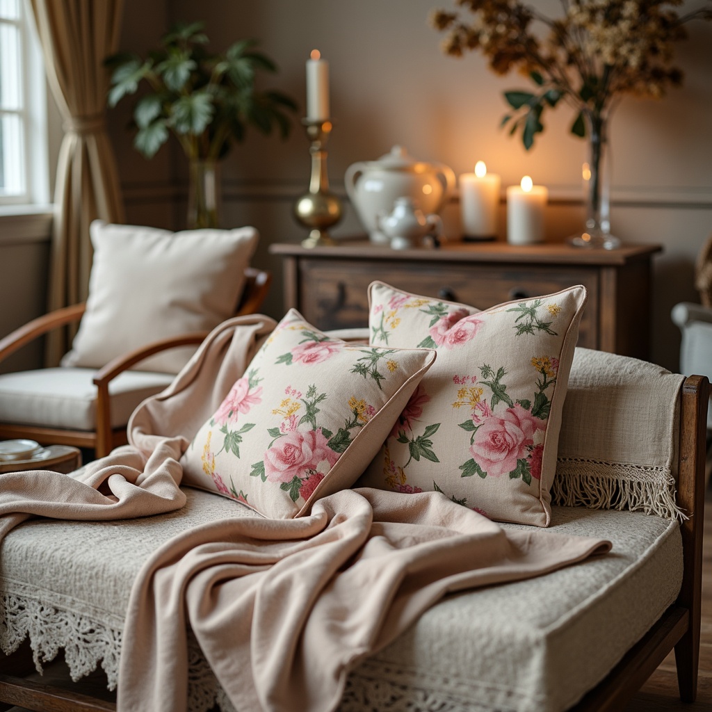 Prompt: Distressed velvet fabrics, soft pastel hues, floral patterns, lace trimmings, linen textures, natural fibers, warm beige tones, rustic wooden accents, vintage-inspired furniture, plush throw pillows, delicate china vases, ornate metal frames, candlelit ambiance, gentle morning light, shallow depth of field, 1/1 composition, romantic atmosphere, subtle color palette.