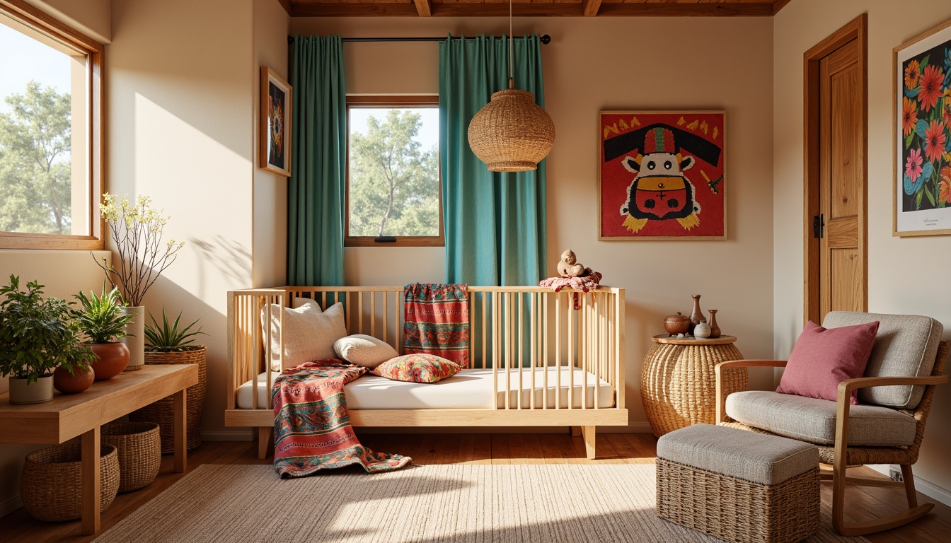 Prompt: Vibrant southwestern nursery, warm beige walls, soft turquoise accents, plush area rug, natural wood crib, woven wicker furniture, colorful Navajo-inspired textiles, geometric patterned blankets, Aztec-print curtains, rattan storage baskets, earthy terracotta pottery, warm sunny day, soft gentle lighting, shallow depth of field, 1/2 composition, realistic textures, ambient occlusion.