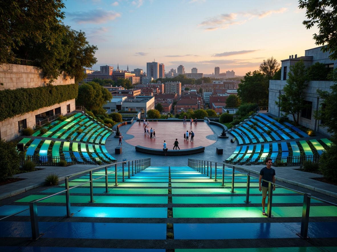 Prompt: Vibrant modern amphitheater, bold curved lines, sleek metal seats, dynamic lighting systems, gradient blue and green hues, urban cityscape backdrop, warm golden hour ambiance, atmospheric misting effects, rustic stone walls, lush greenery surroundings, panoramic city views, shallow depth of field, 3/4 composition, realistic textures, ambient occlusion.