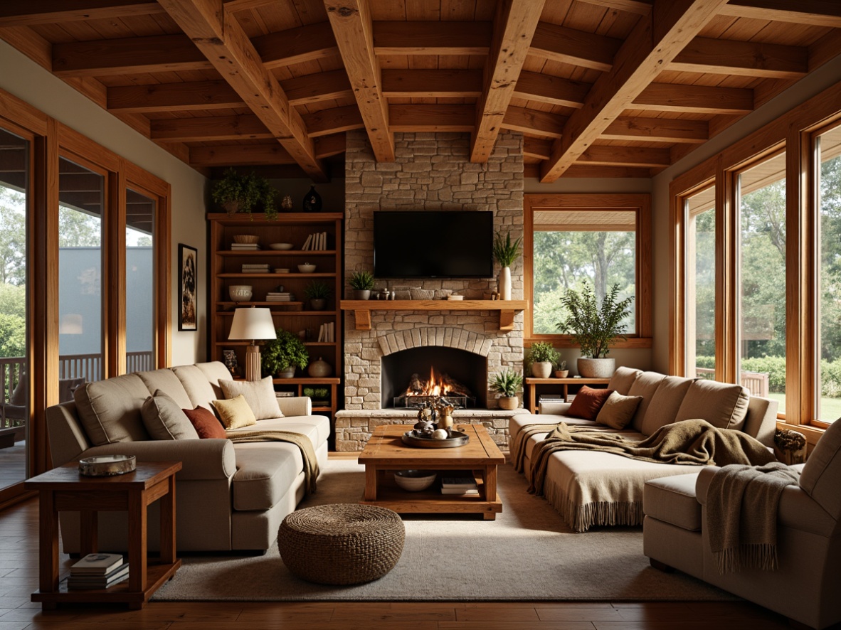 Prompt: Cozy family room, wooden accents, rustic wood beams, warm earthy tones, comfortable furnishings, plush throw blankets, natural stone fireplace, wooden mantle, wooden wall panels, craftsman-style wooden furniture, intricate carvings, ornate details, warm soft lighting, inviting atmosphere, shallow depth of field, 1/2 composition, realistic textures, ambient occlusion.