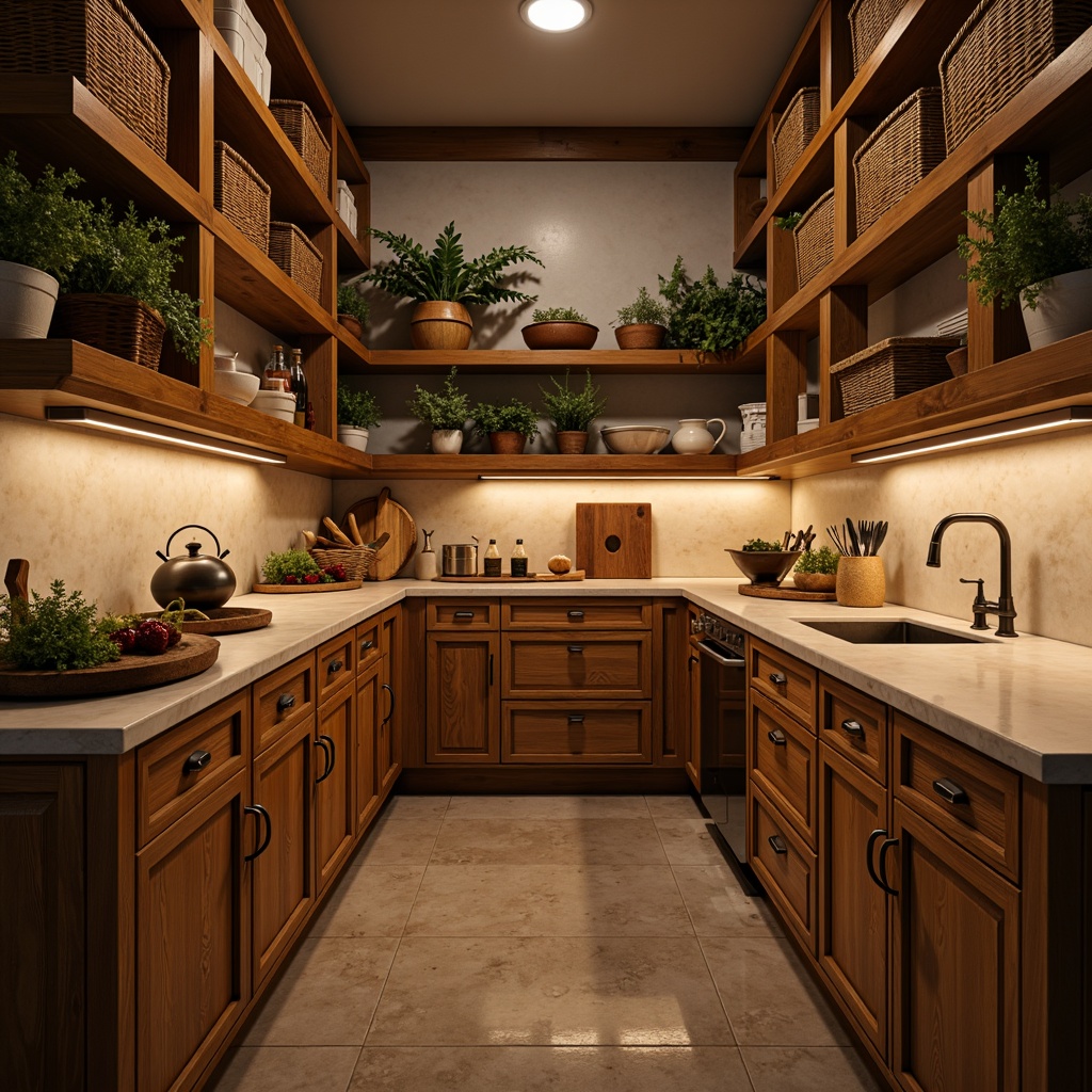 Prompt: Cozy pantry, warm wooden shelves, rustic metal baskets, soft golden lighting, earthy tone color palette, creamy whites, rich browns, deep reds, natural stone countertops, vintage kitchen utensils, woven wicker baskets, distressed wood finishes, aromatic spice racks, fresh greenery, shallow depth of field, 1/1 composition, warm atmospheric perspective.