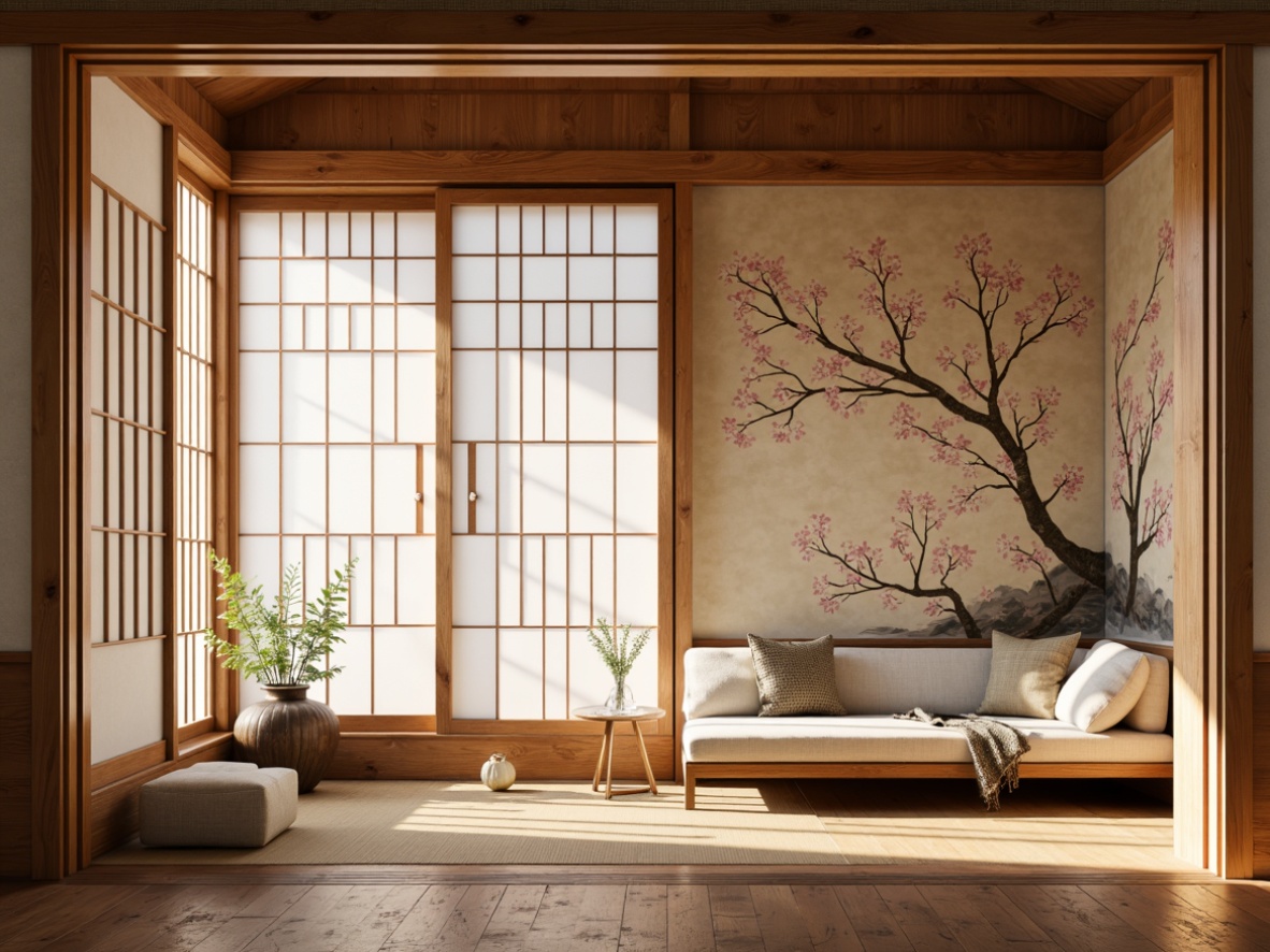 Prompt: Traditional Japanese shoji screens, natural wood accents, hand-painted cherry blossom murals, intricate kanji calligraphy, rice paper textures, woven bamboo wall coverings, minimalist aesthetic, subtle lighting effects, soft warm color palette, 1/1 composition, shallow depth of field, realistic wood grain details, ambient occlusion, serene atmosphere, cultural heritage inspiration.