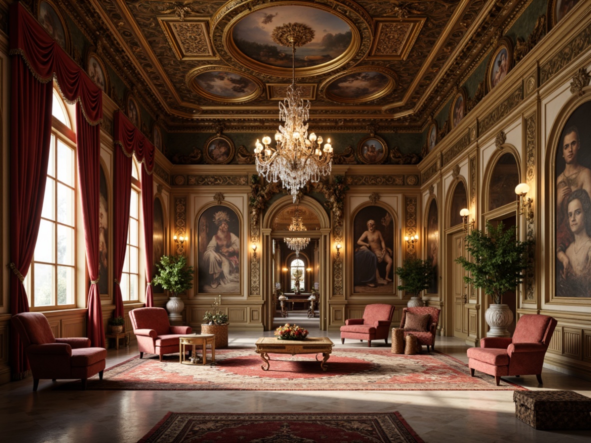 Prompt: Ornate Baroque-style interior, grand chandelier, intricate plasterwork, gilded moldings, decorative ceiling frescoes, ornamental wall reliefs, luxurious velvet drapes, lavish furnishings, marble floors, richly patterned rugs, warm golden lighting, dramatic shadows, 1/1 composition, high-angle shot, detailed textures, ambient occlusion.