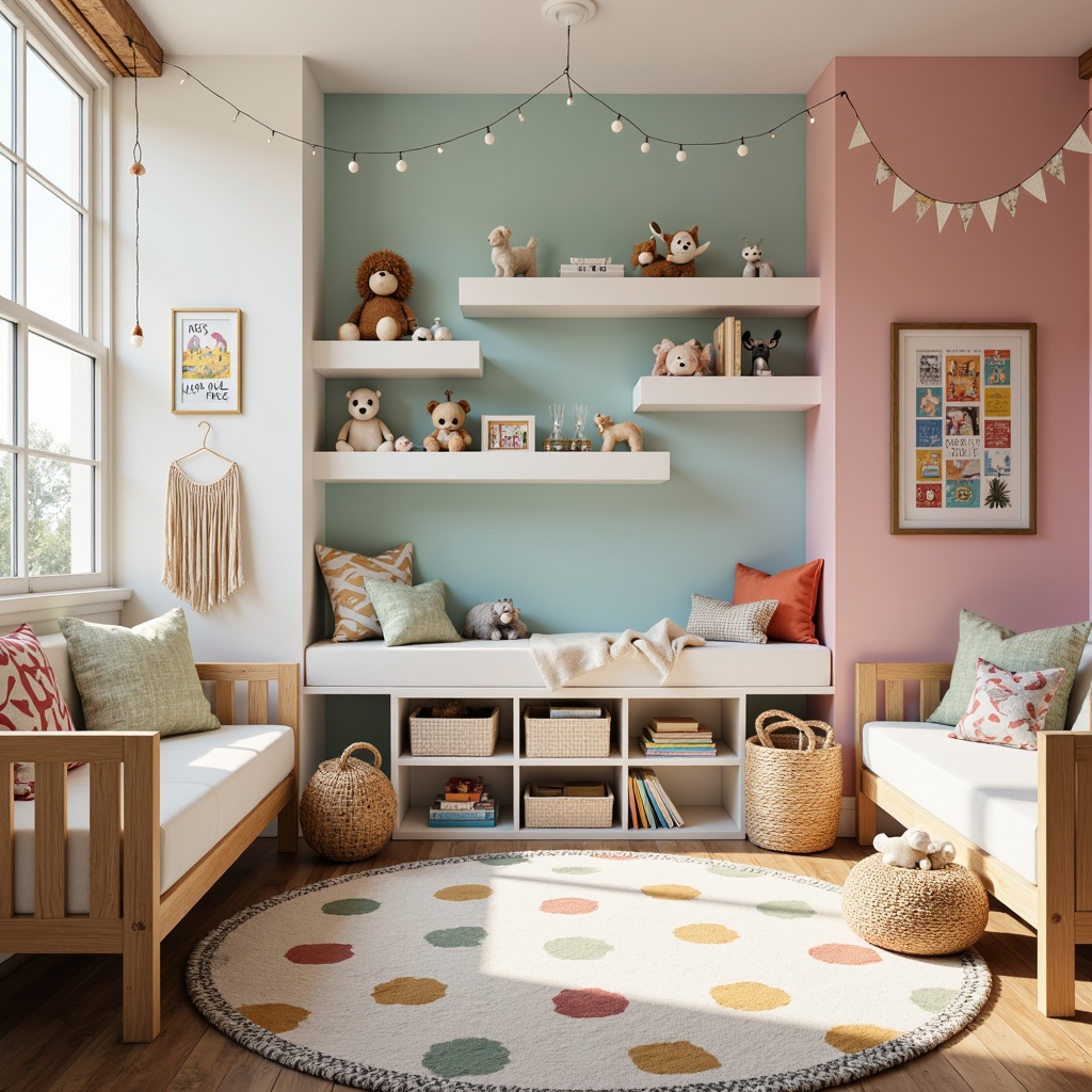 Prompt: Whimsical children's room, playful color palette, soft pastel hues, white furniture, vibrant accent walls, fun patterned rugs, stuffed animals, colorful artwork, educational posters, wall-mounted shelves, decorative lighting fixtures, string lights, fairy lights, cozy reading nooks, plush cushions, natural wood accents, minimalist decor, modern kid-friendly furniture, storage bins, woven baskets, lively textiles, bold geometric shapes, youthful energy, bright sunny day, warm soft focus, 3/4 composition, realistic textures.