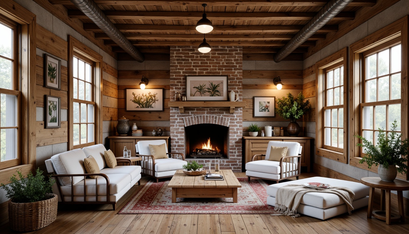 Prompt: Rustic wooden beams, distressed brick walls, vintage metal signs, reclaimed wood flooring, natural stone fireplaces, earthy color palette, warm soft lighting, cozy plush furniture, woven wicker baskets, floral patterned textiles, vintage decorative accents, farmhouse sink, exposed ductwork, industrial-style lighting fixtures, rough-hewn wooden tables, natural fiber rugs, botanical artwork, soft focus photography, shallow depth of field, 1/1 composition.