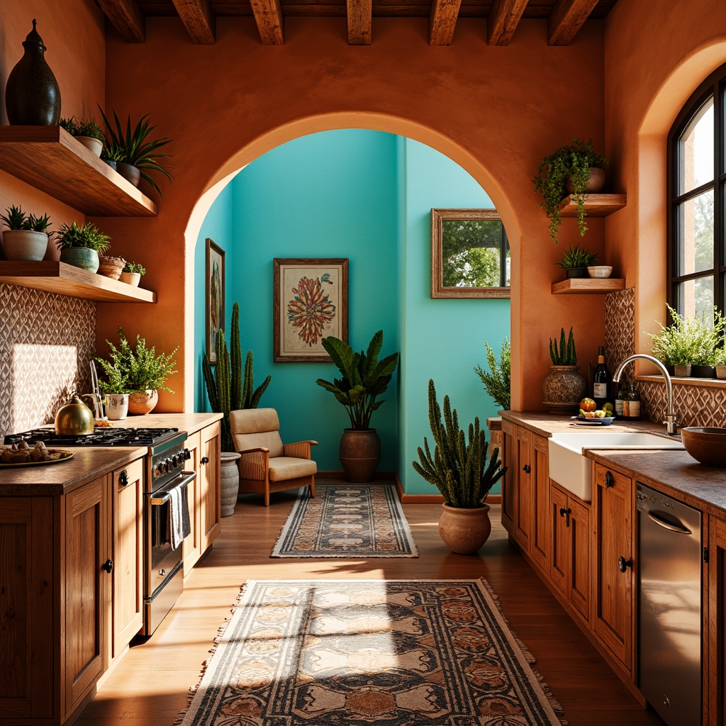 Prompt: Vibrant turquoise accents, warm terracotta walls, rich sienna cabinets, earthy brown countertops, distressed wood flooring, ornate Spanish-inspired tiles, rustic metal hardware, woven textiles, natural fiber rugs, potted cacti, desert botanicals, bold geometric patterns, warm golden lighting, soft morning sunlight, shallow depth of field, 2/3 composition, realistic textures, ambient occlusion.