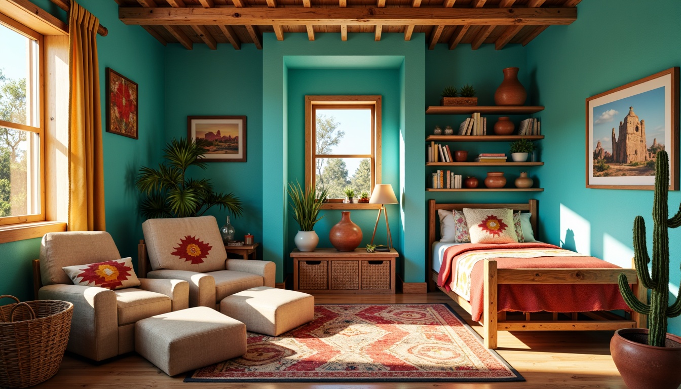 Prompt: Vibrant turquoise walls, rustic wooden furniture, woven Navajo-patterned rug, plush cactus-shaped pillows, colorful tribal-print bedding, adobe-inspired bookshelves, clay pottery vases, desert landscape artwork, warm golden lighting, shallow depth of field, 1/1 composition, playful kid-sized chairs, natural fiber curtains, woven basket storage, earthy terracotta pots, whimsical Southwestern-themed decor, sunny afternoon ambiance.